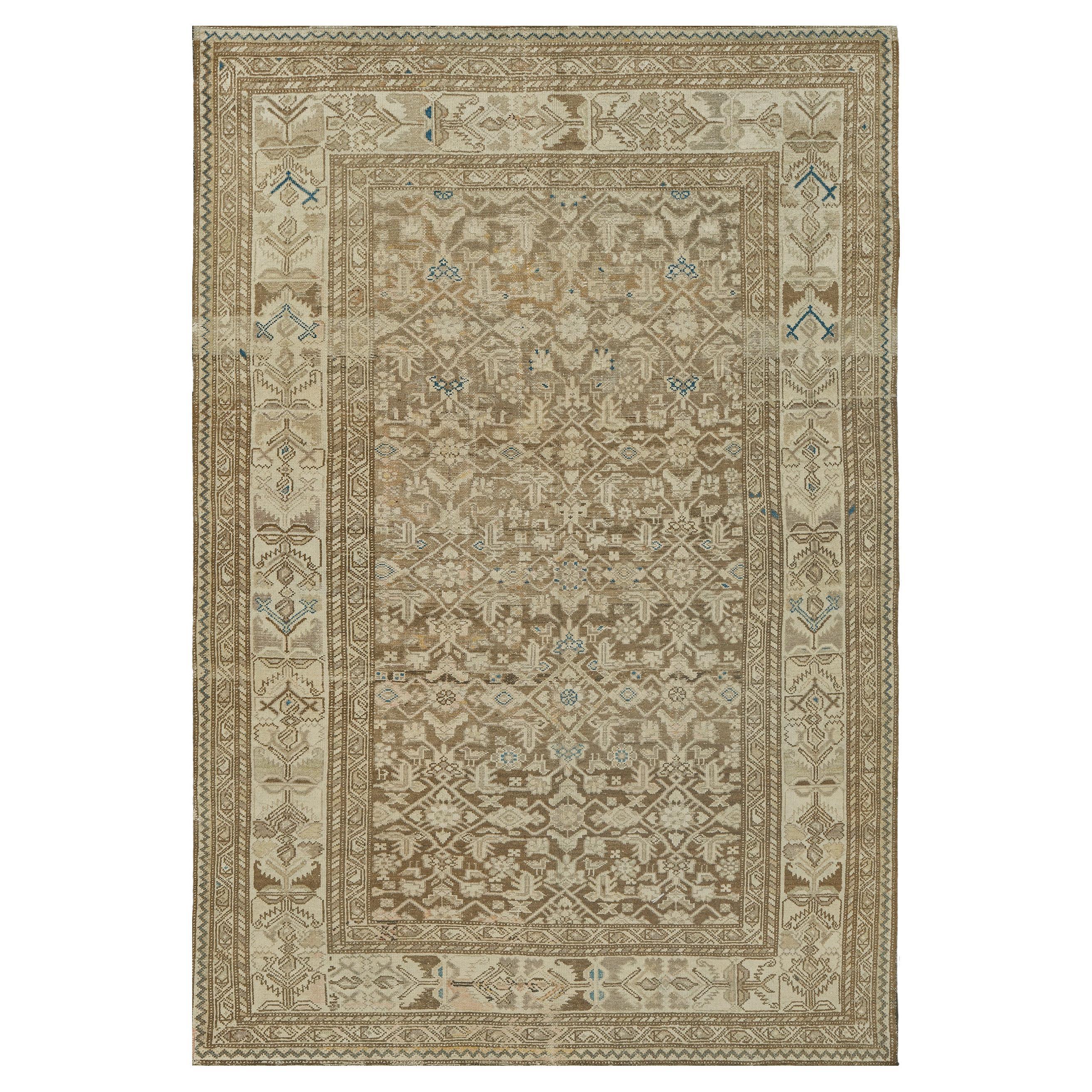 Antique Circa-1910 Tobacco-Brown Floral-Vine Wool Persian Malayer Rug For Sale