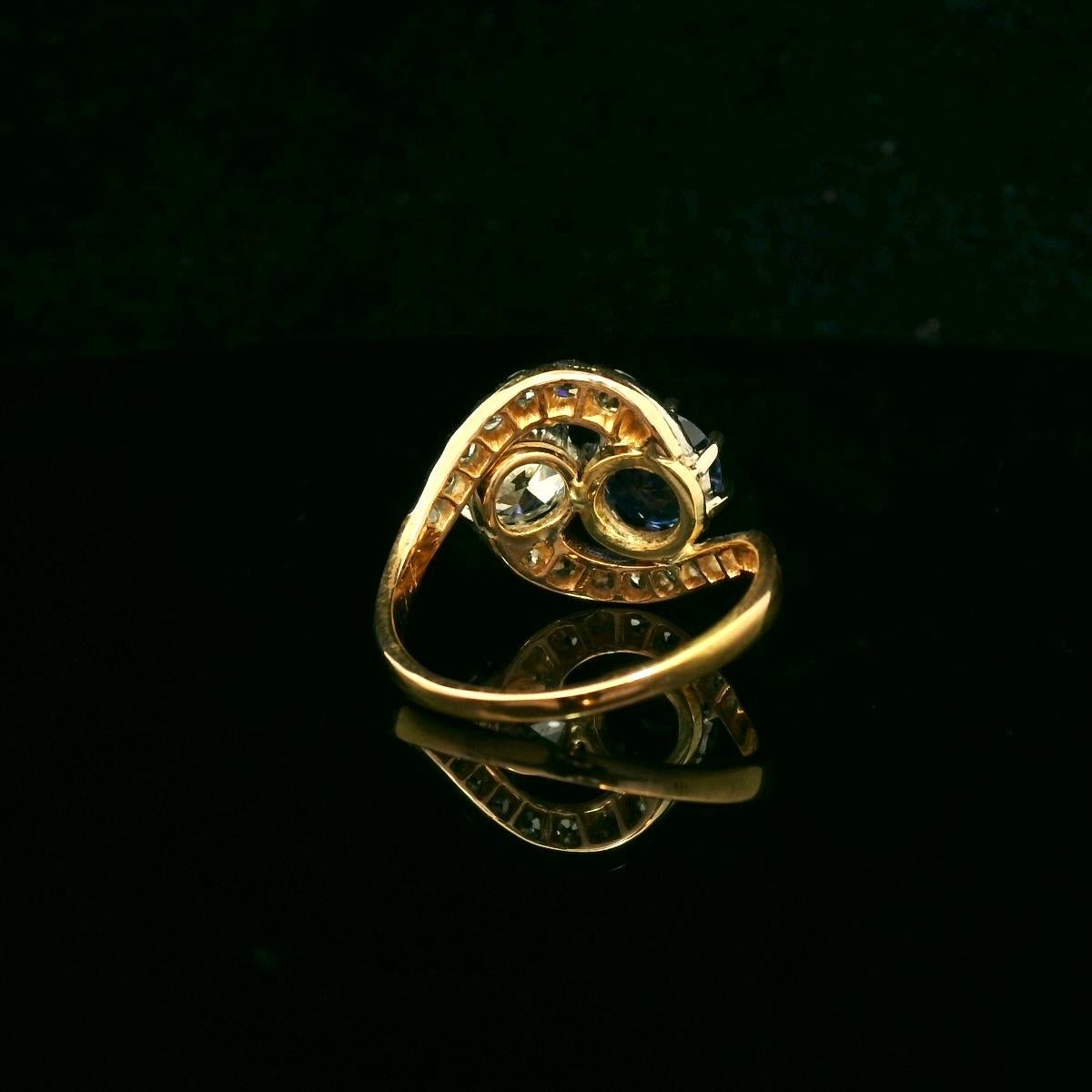 Old European Cut Antique circa 1910  toi et moi Diamond and Sapphire ring For Sale