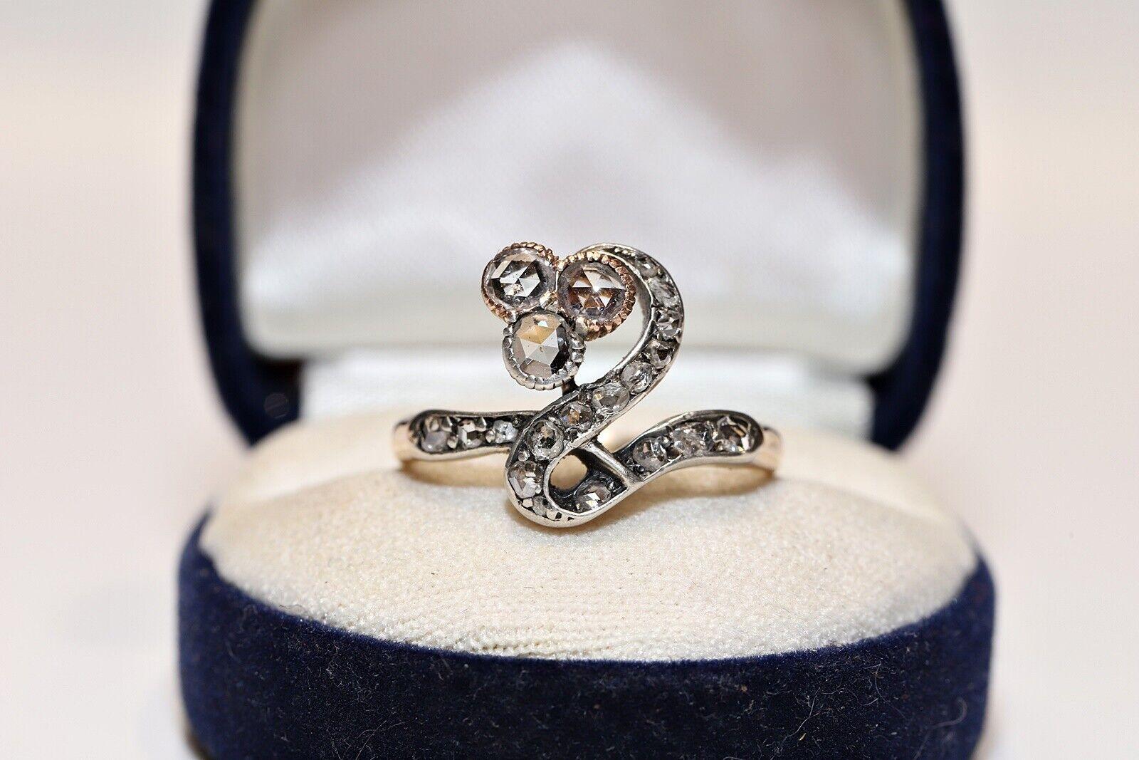 Antique Circa 1910s 18k Gold Top Silver Art Nouveau Natural Diamond Ring  For Sale 4