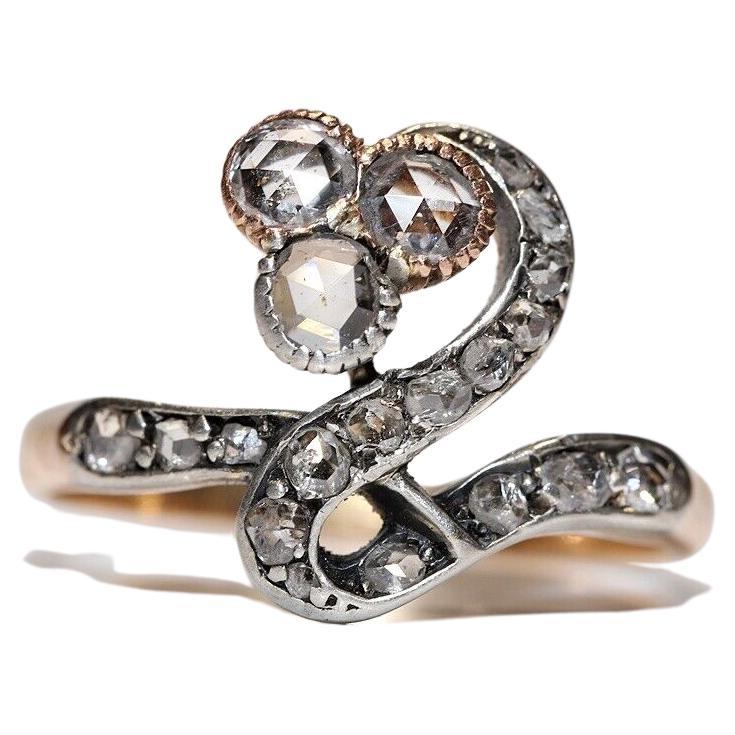 Antique Circa 1910s 18k Gold Top Silver Art Nouveau Natural Diamond Ring  For Sale
