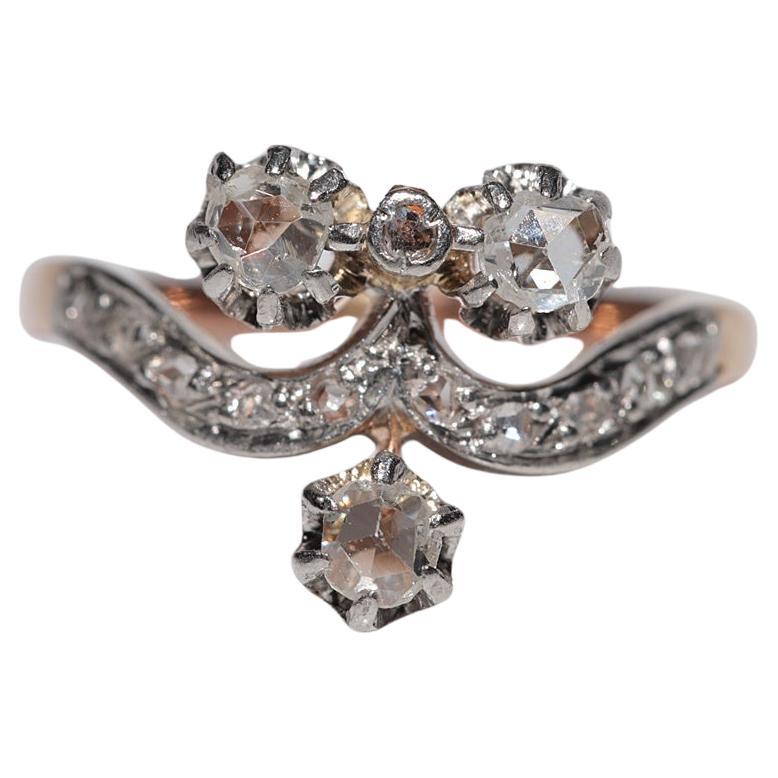Antique Circa 1910s Art Nouveau 14k Gold Natural Rose Cut Diamond Decorated Ring