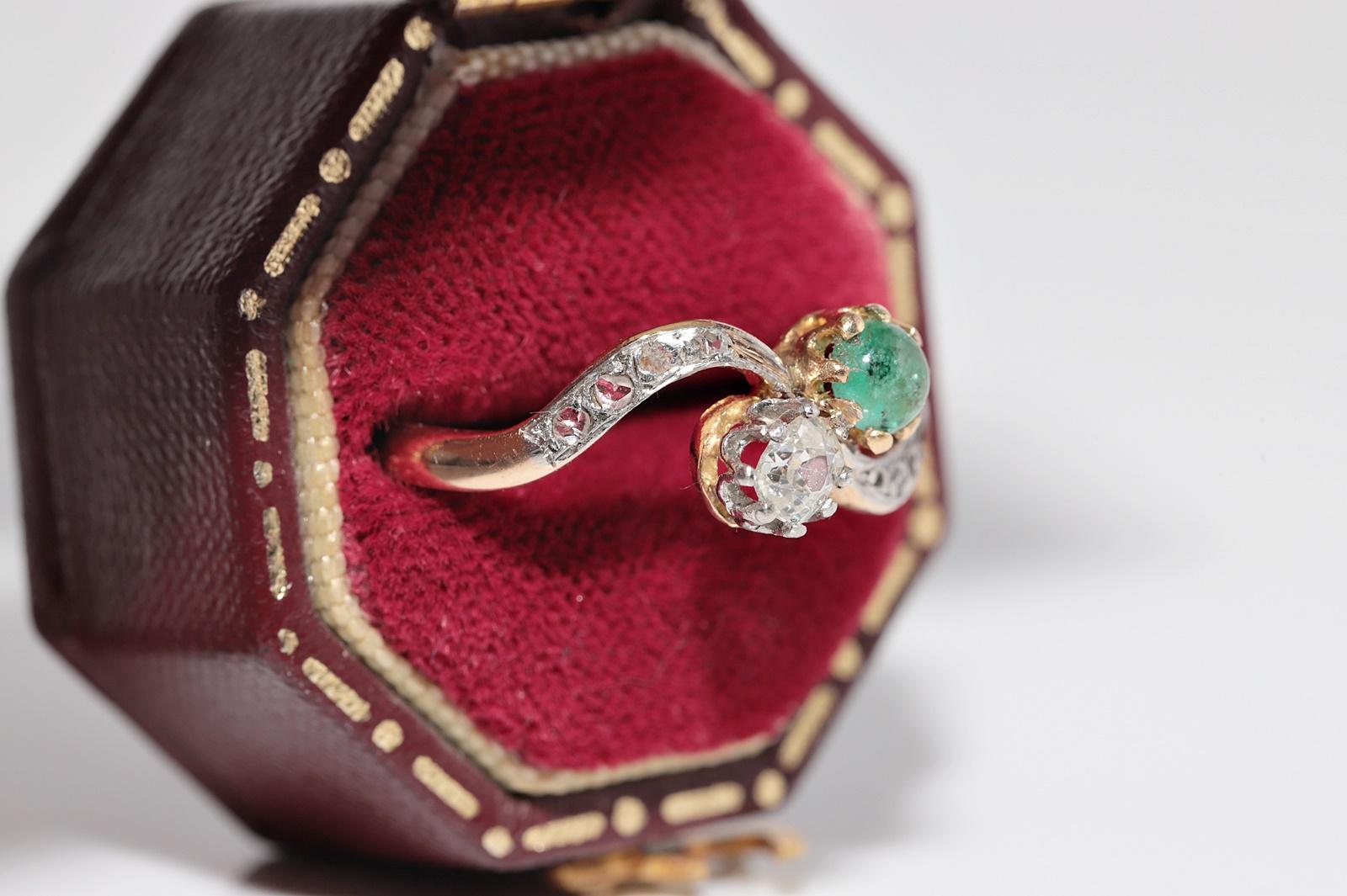Taglio vecchia miniera Anello in oro 18k con diamante naturale e smeraldo, antico, CIRCA 1910, Art Nouveau in vendita
