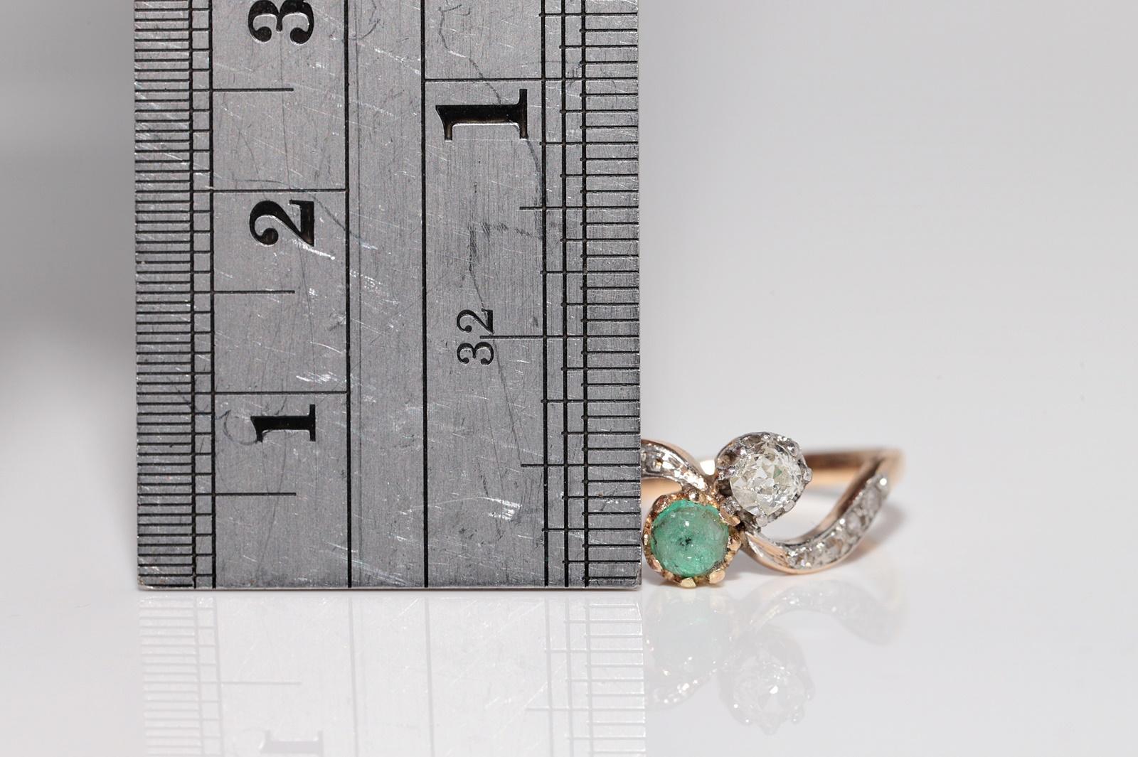 Donna Anello in oro 18k con diamante naturale e smeraldo, antico, CIRCA 1910, Art Nouveau in vendita