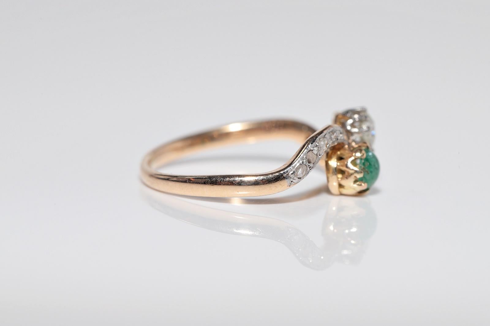 Anello in oro 18k con diamante naturale e smeraldo, antico, CIRCA 1910, Art Nouveau in vendita 2
