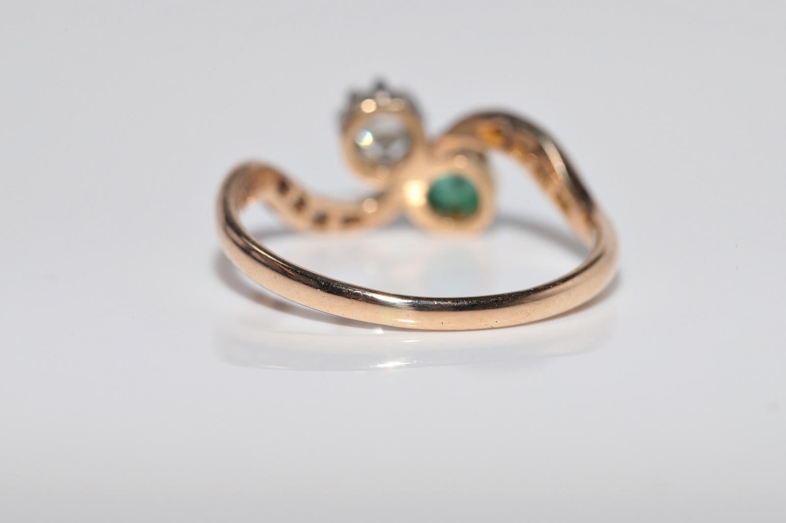 Anello in oro 18k con diamante naturale e smeraldo, antico, CIRCA 1910, Art Nouveau in vendita 4
