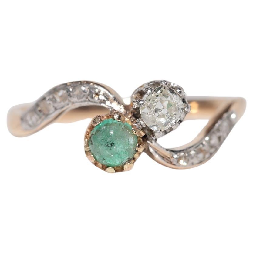 Anello in oro 18k con diamante naturale e smeraldo, antico, CIRCA 1910, Art Nouveau