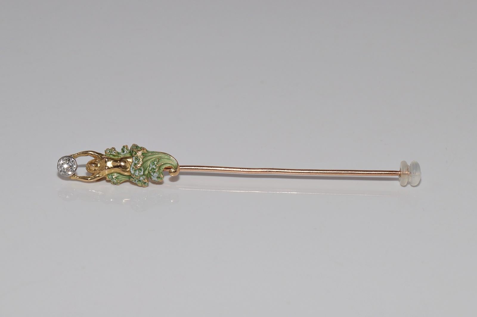 Antique Circa 1910s Art Nouveau 18k Gold Natural Old Cut Diamond Enamel brooch For Sale 6