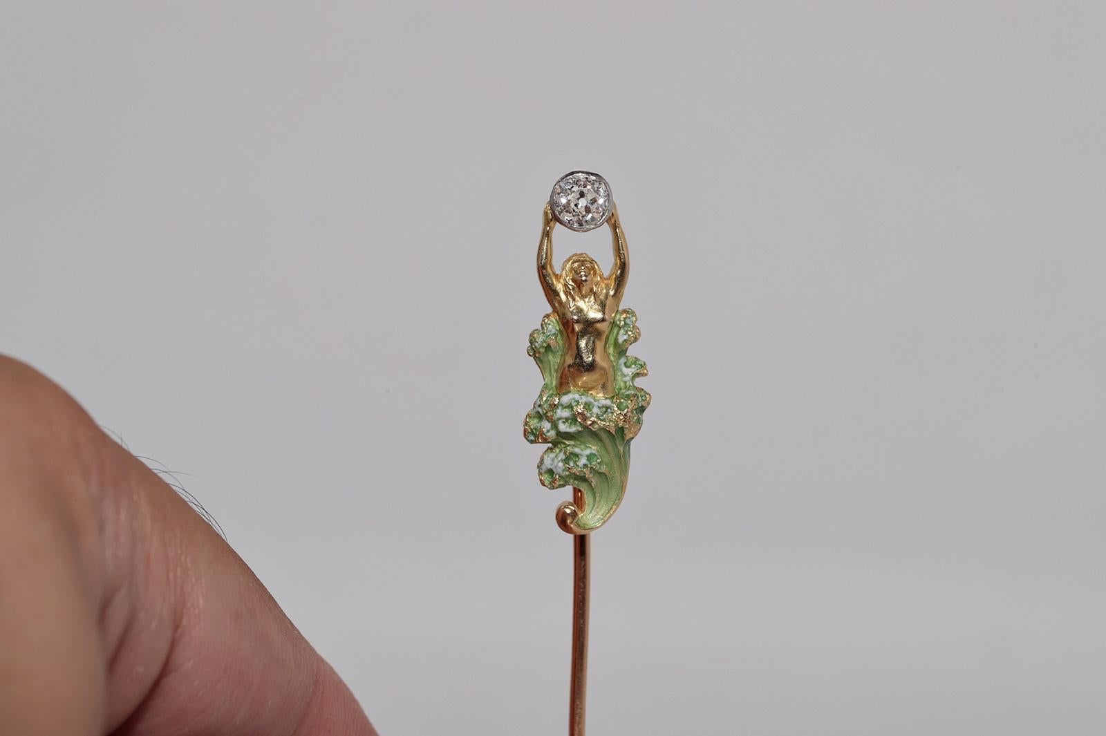 Antique Circa 1910s Art Nouveau 18k Gold Natural Old Cut Diamond Enamel brooch For Sale 7