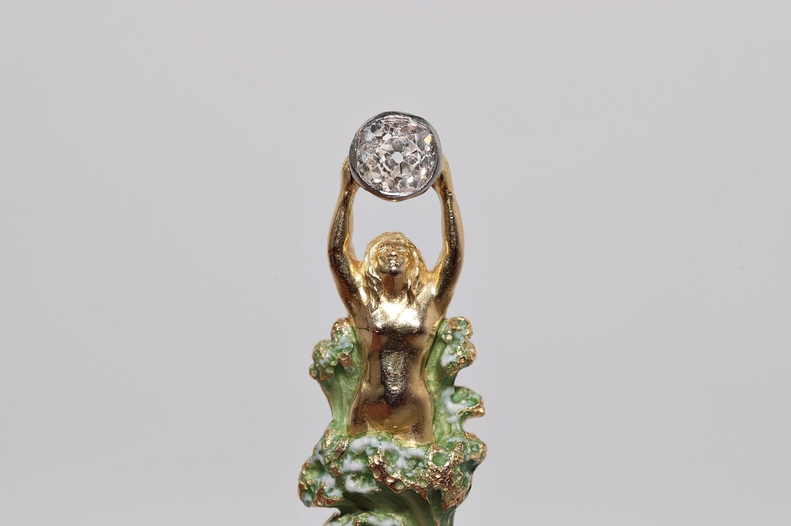 Antique Circa 1910s Art Nouveau 18k Gold Natural Old Cut Diamond Enamel brooch For Sale 9