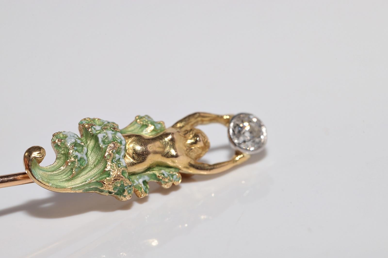 Antique Circa 1910s Art Nouveau 18k Gold Natural Old Cut Diamond Enamel brooch For Sale 10