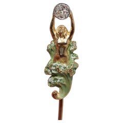 Antique Circa 1910s Art Nouveau 18k Gold Natural Old Cut Diamond Enamel brooch