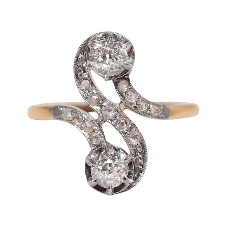 Bague ancienne Art Nouveau fabriquée à la main en or 18 carats avec diamants naturels, c. 1910