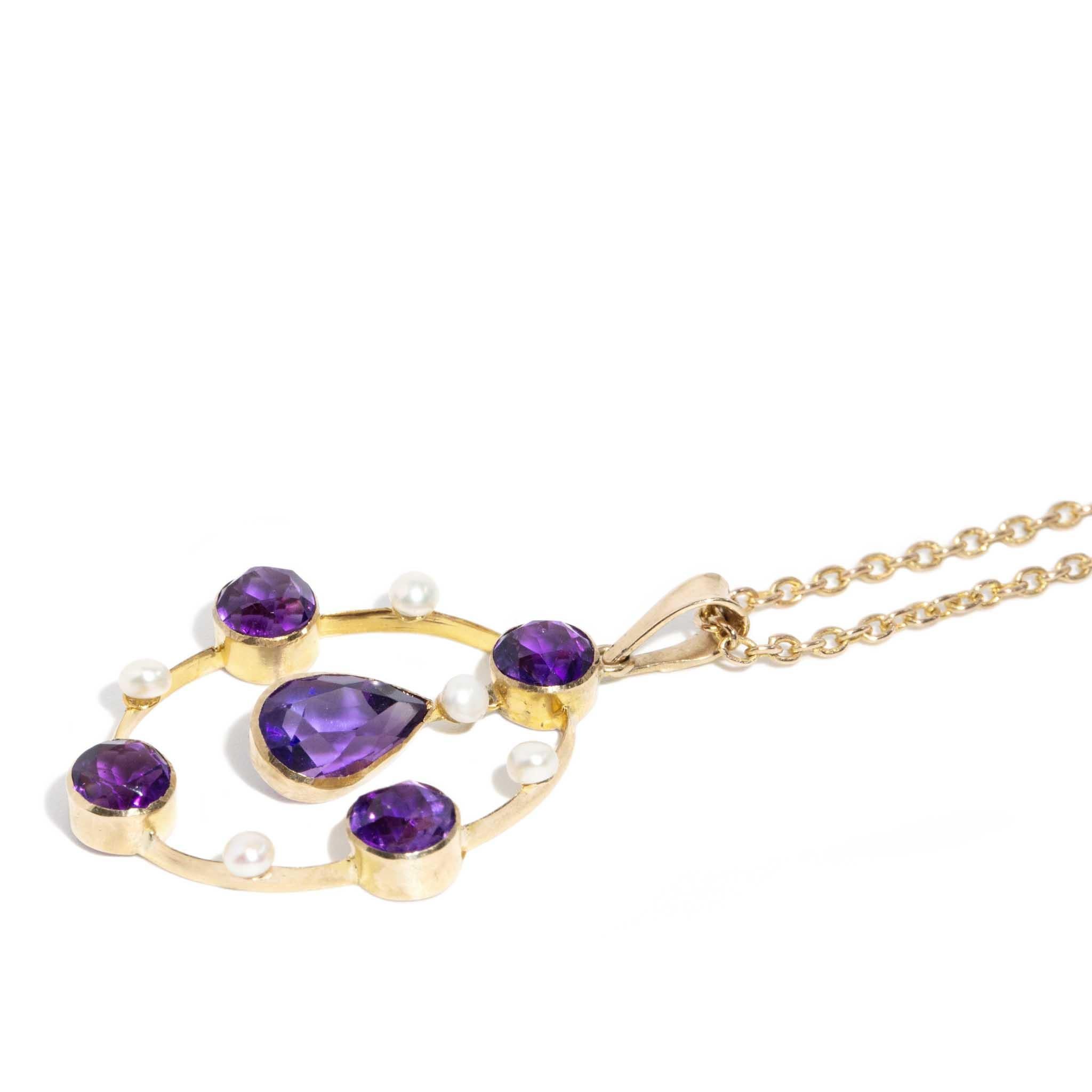 Modern Antique Circa 1910s Deep Dark Amethyst & Pearl Necklet 8 Carat Yellow Gold