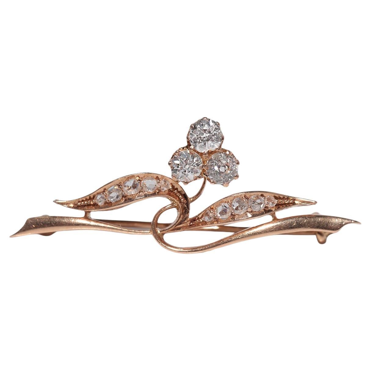 Antique Circa 1910s Handcrafted 14k Gold Natural Diamond Diamond Brooch