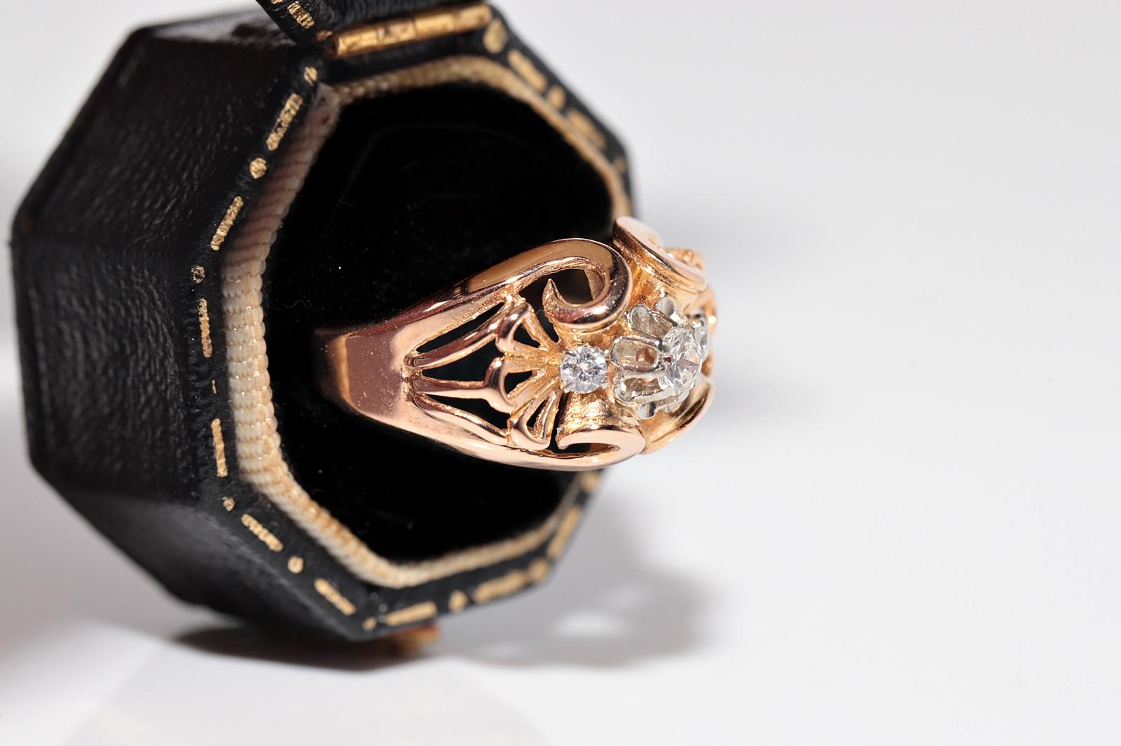 Old European Cut Antique Circa 1910s Handcrafted Art Nouveau 18k Gold Natural Diamond Ring For Sale