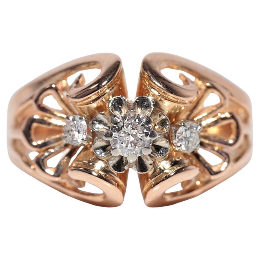 Anello con diamante naturale in oro 18 carati, antico, del 1910 circa, realizzato a mano in stile Art Nouveau