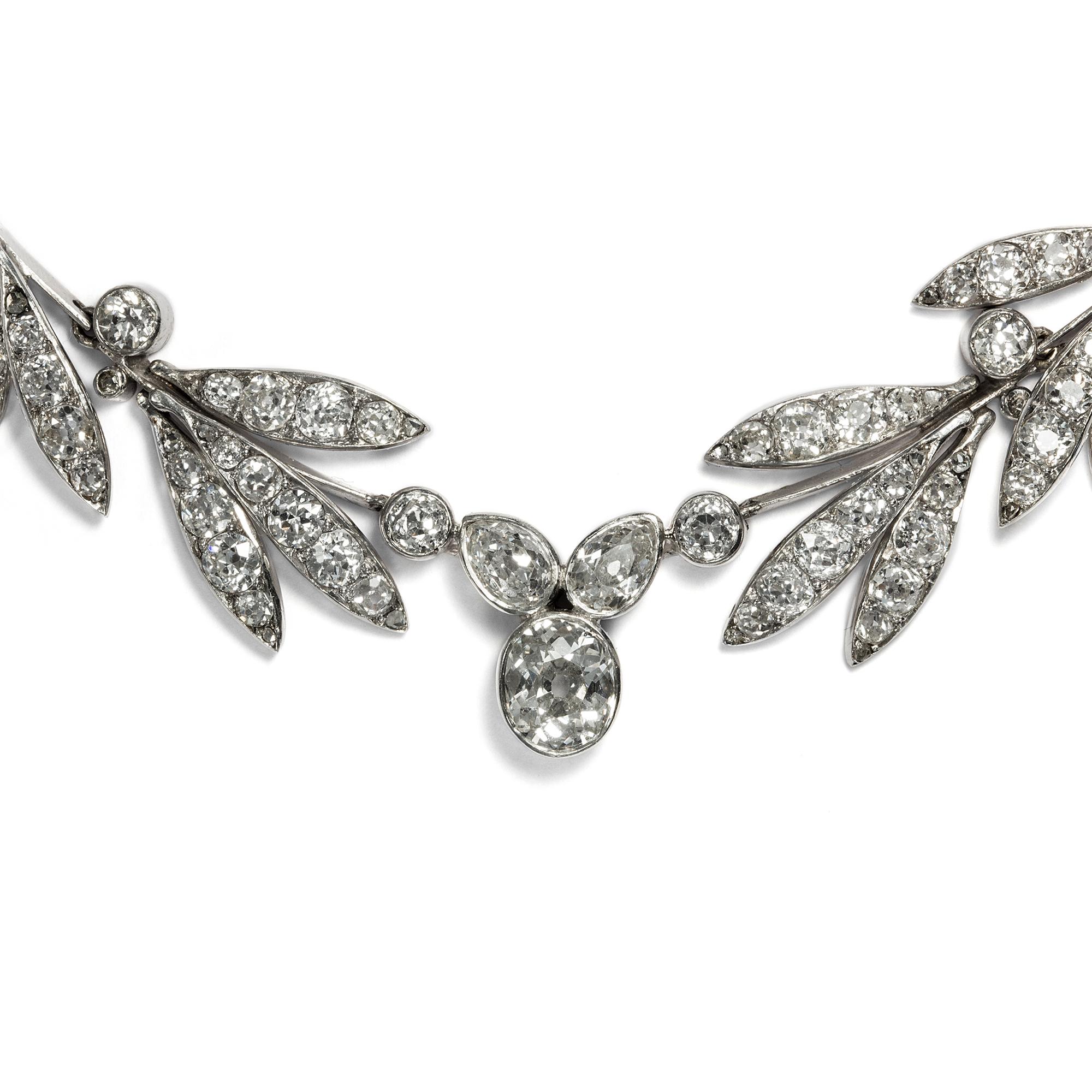 Women's or Men's Antique circa 1914, 16.02 Carat Diamond White Gold Laurel Tiara and Necklace