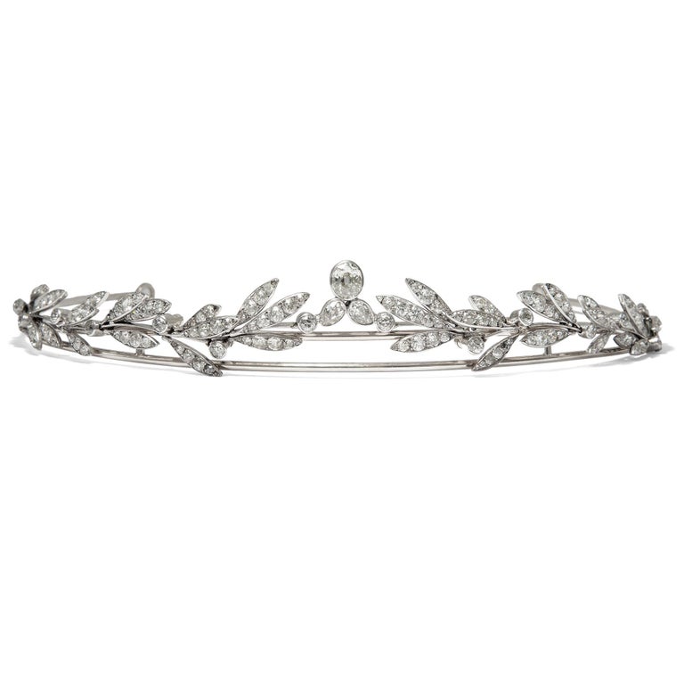 Antique circa 1914, 16.02 Carat Diamond White Gold Laurel Tiara and