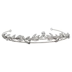 Antique circa 1914, 16.02 Carat Diamond White Gold Laurel Tiara and Necklace