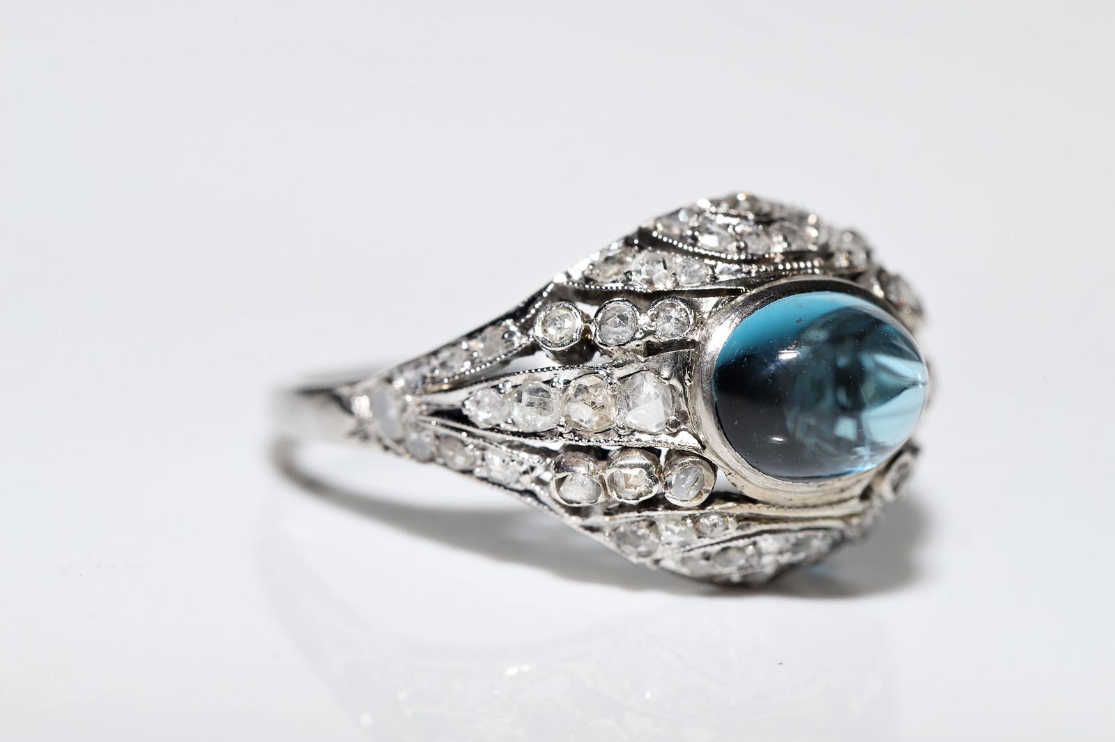 Rose Cut Antique Circa 1915s Art Deco Platinum Aquamarine And Natural Diamond Ring For Sale