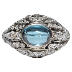 Antique Circa 1915s Art Deco Platinum Aquamarine And Natural Diamond Ring