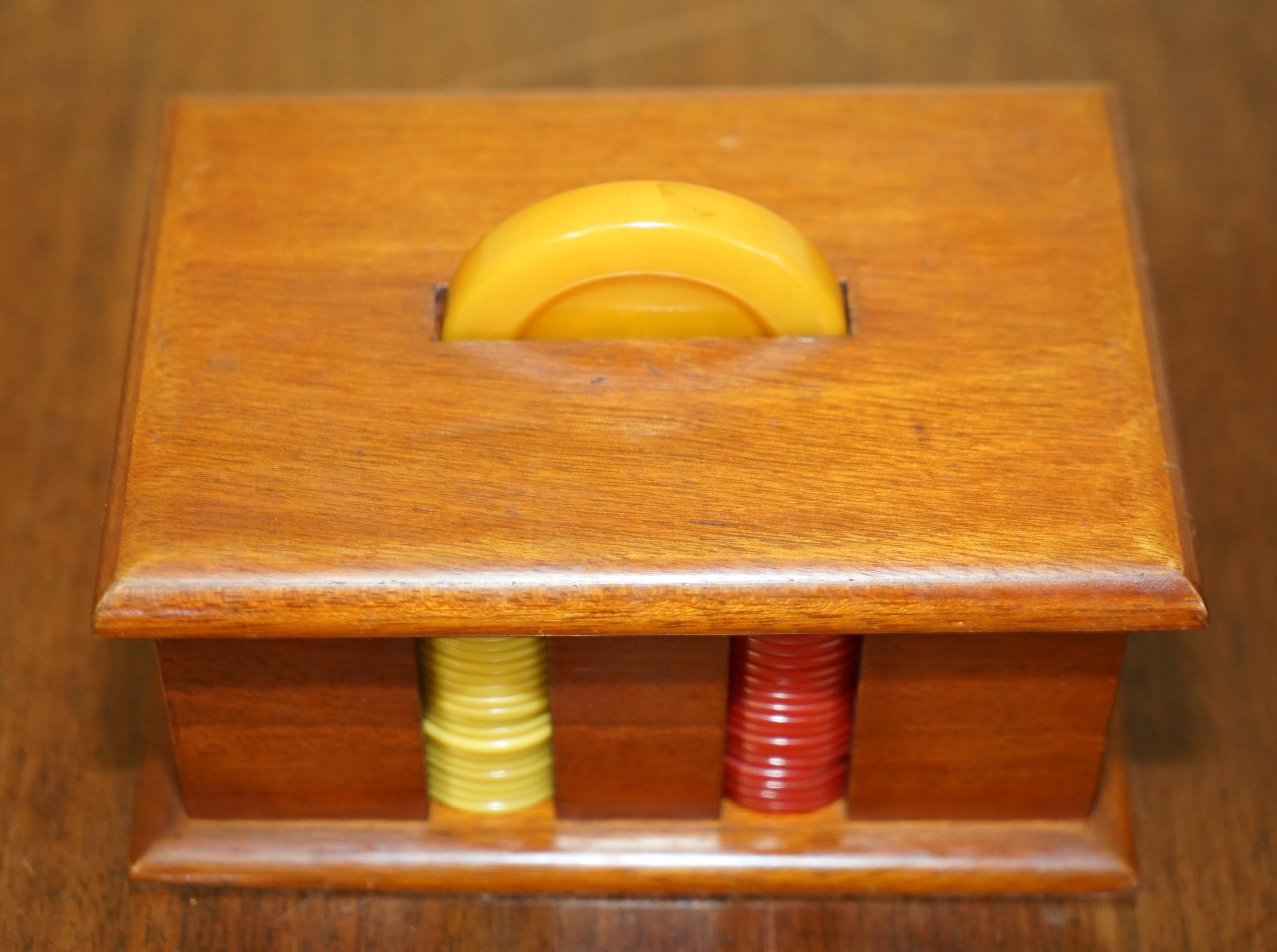 ANTIQUE CIRCA 1920 ART DECO CASION CHIP POKER SET WiTH BAKELITE HANDLE CASE 2