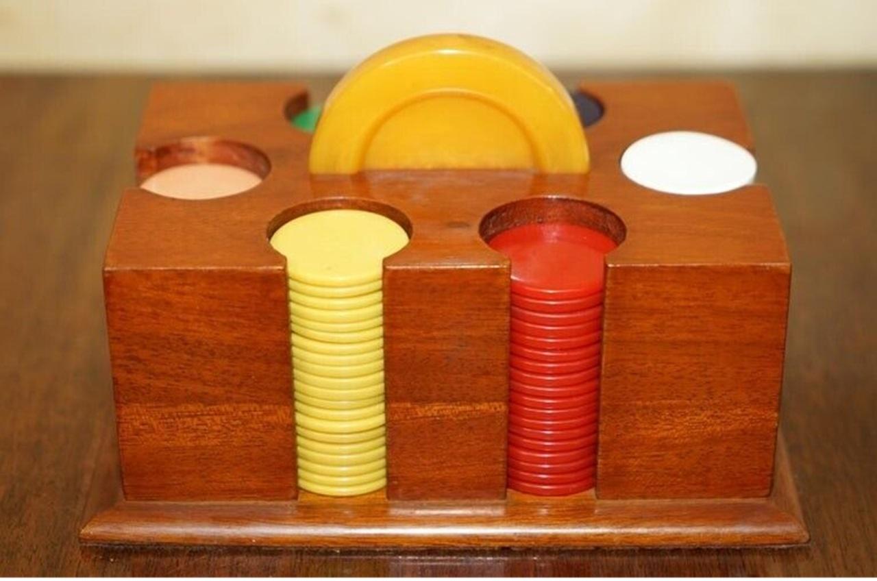 Plastique Ensemble ancien CASION CHIP POKER set ART DECO CIRCA 1920 AVEC CASE BAKELITE HANDLE CASE en vente