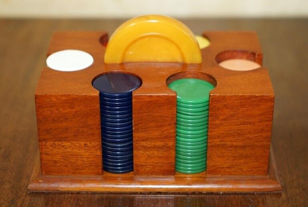 Ensemble ancien CASION CHIP POKER set ART DECO CIRCA 1920 AVEC CASE BAKELITE HANDLE CASE en vente 1