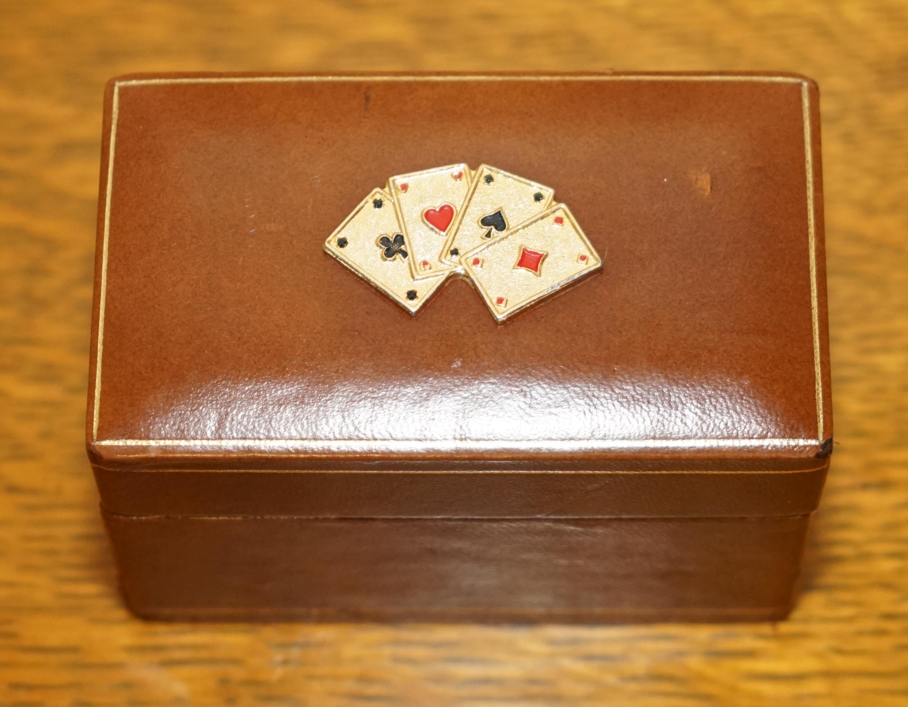 ANTIQUE CIRCA 1920 ART DECO LEATHER CLAD CASE PLAYiNG CARDS Set BRASS CARDS TOp im Angebot 1