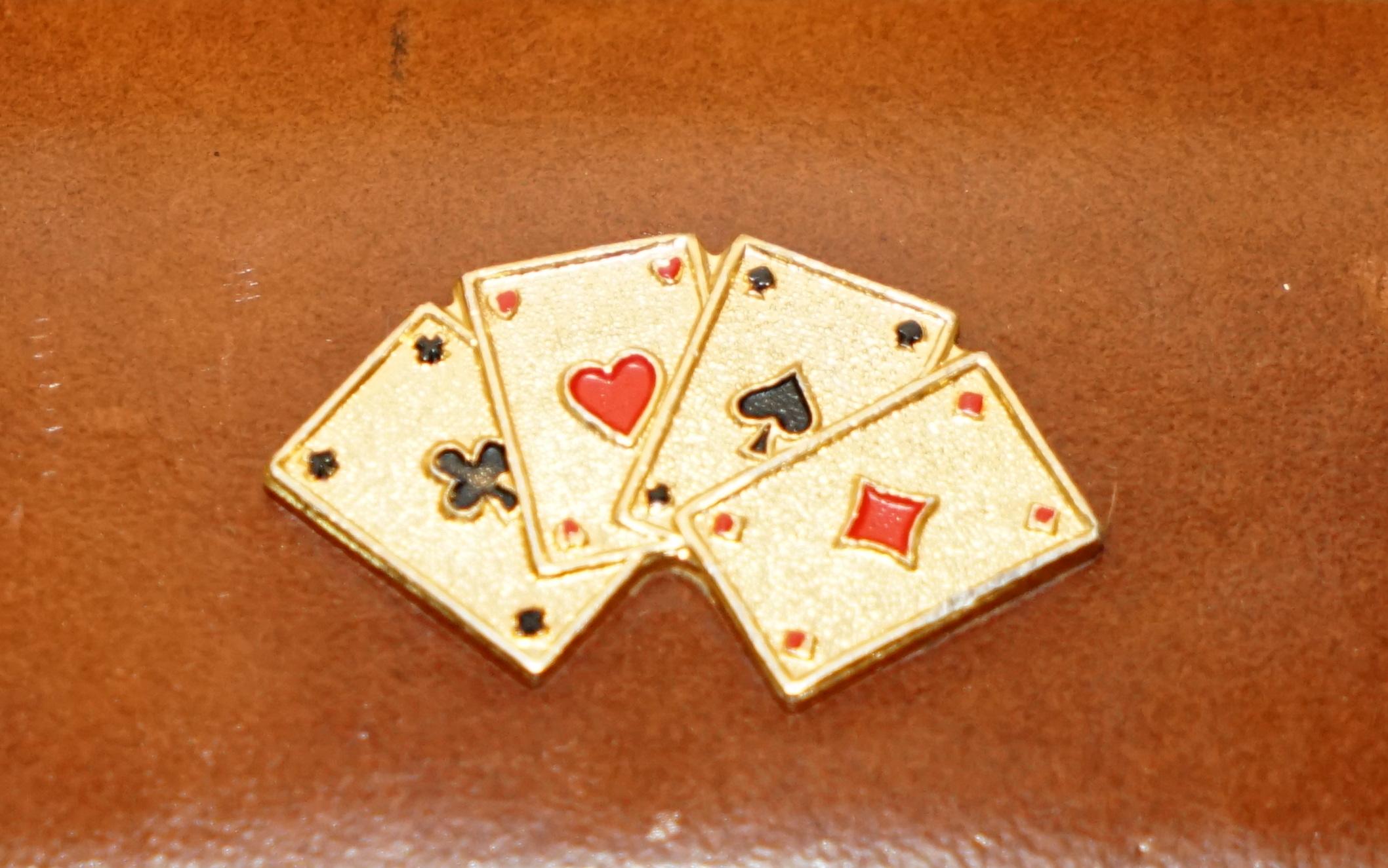 ANTIQUE CIRCA 1920 ART DECO LEATHER CLAD CASE PLAYiNG CARDS Set BRASS CARDS TOp im Angebot 2