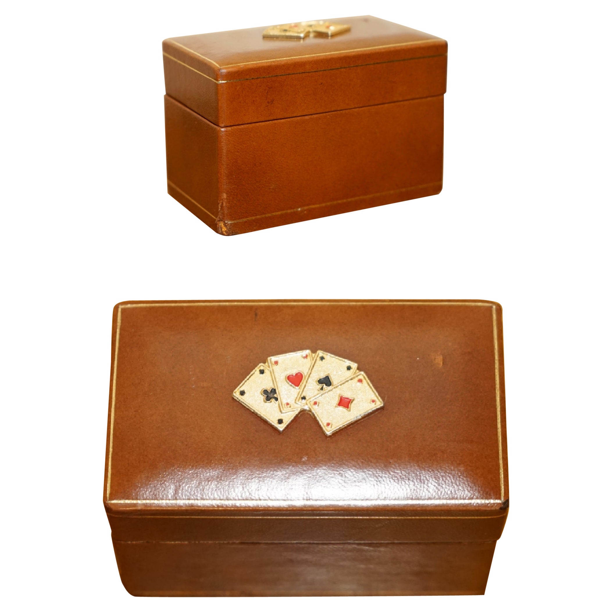 ANTIQUE CIRCA 1920 ART DECO LEATHER CLAD CASE PLAYING CARDS SET BRASS CARDS TOp