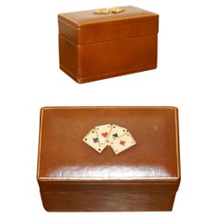 ANTIQUE CIRCA 1920 ART DECO LEATHER CLAD CASE PLAYING CARDS SET BRASS CARDS TOp