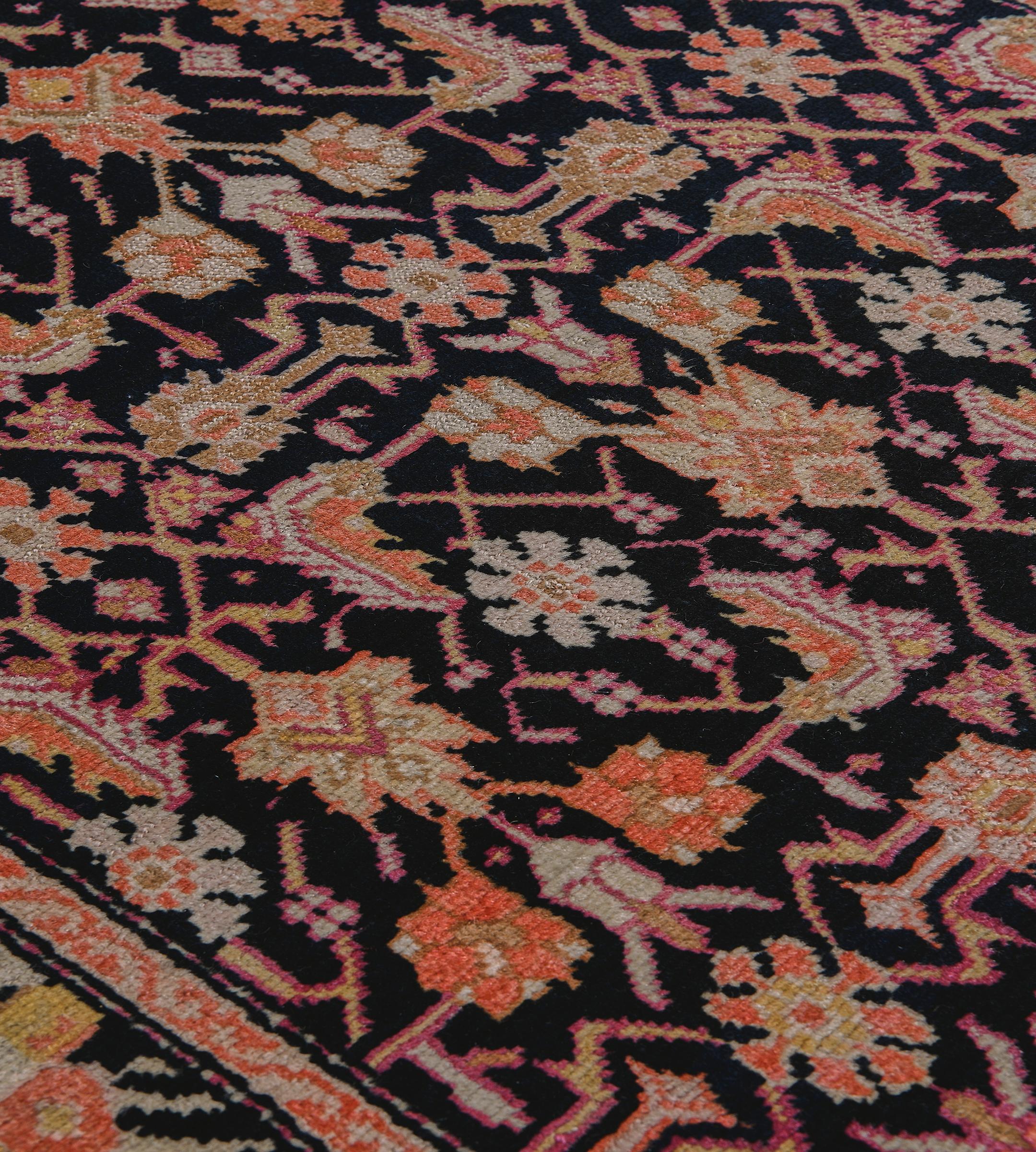 Hand-Knotted Antique Circa-1920 Black and Terracotta Herati Pattern Caucasian Karabagh Rug For Sale