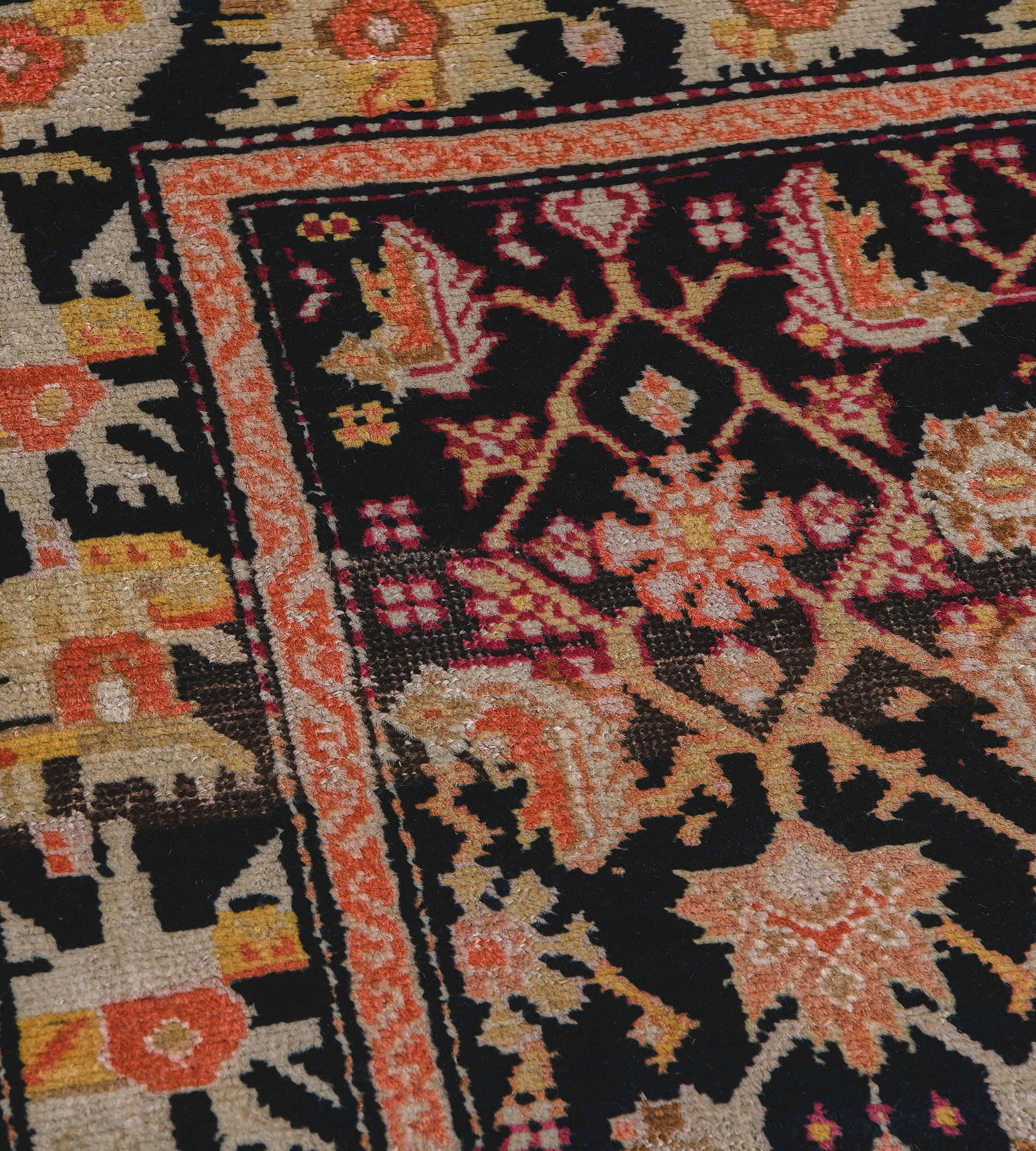 Antique Circa-1920 Black and Terracotta Herati Pattern Caucasian Karabagh Rug In Good Condition For Sale In West Hollywood, CA
