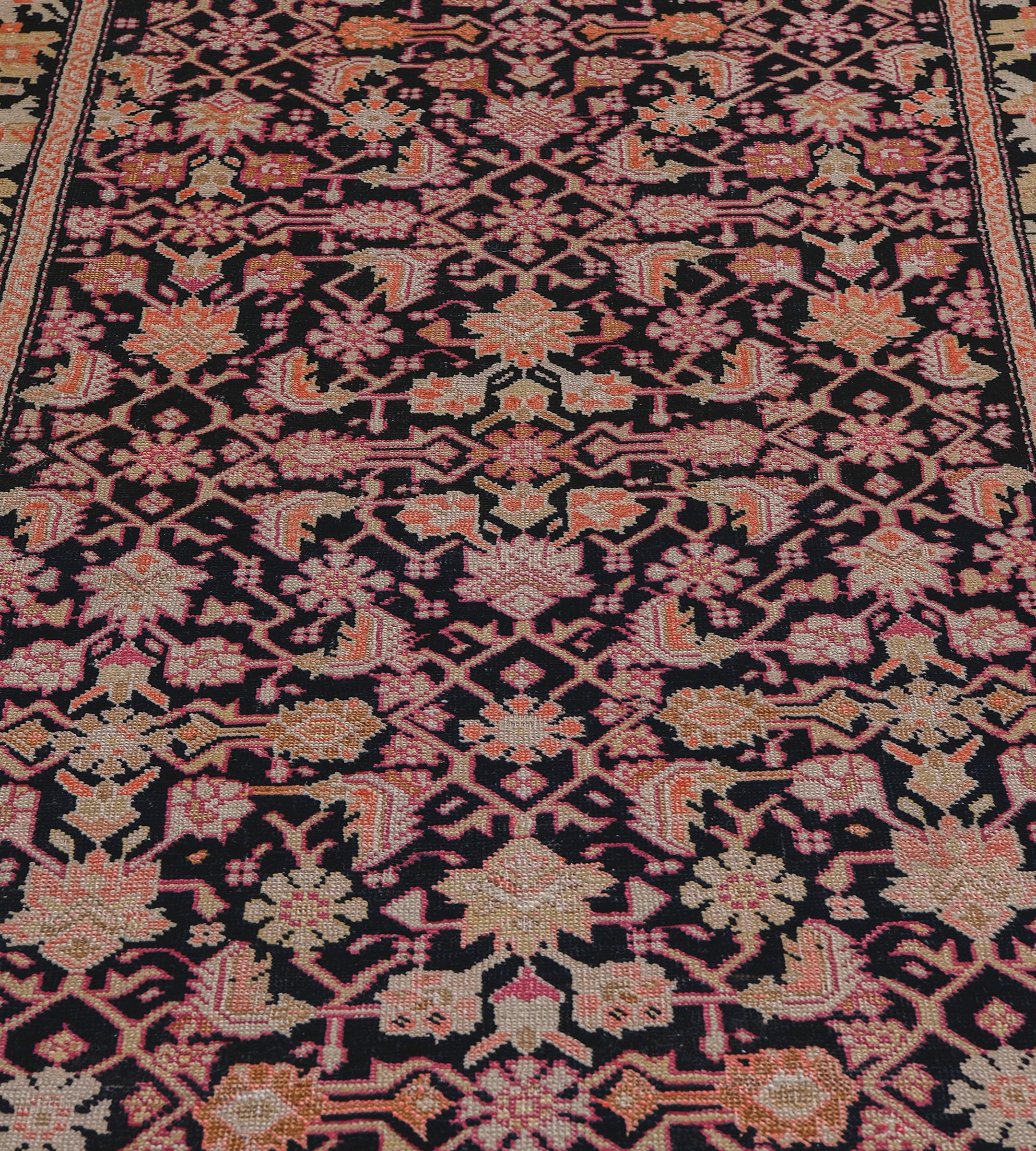 Antique Circa-1920 Black and Terracotta Herati Pattern Caucasian Karabagh Rug For Sale 1
