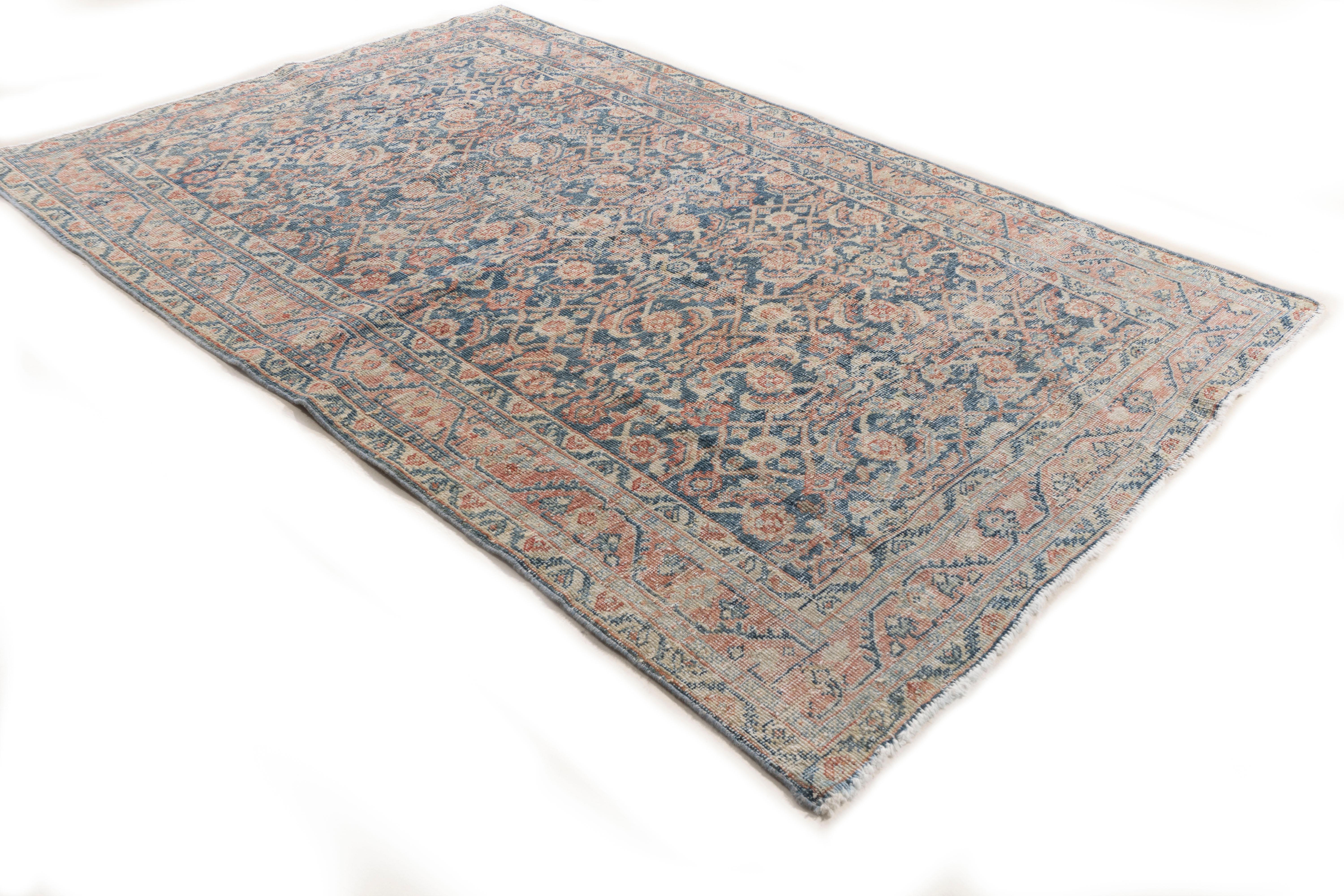 Hand-Knotted Antique Circa 1920 Blue Persian Mahal Hand Knotted Rug 4' X 6' For Sale