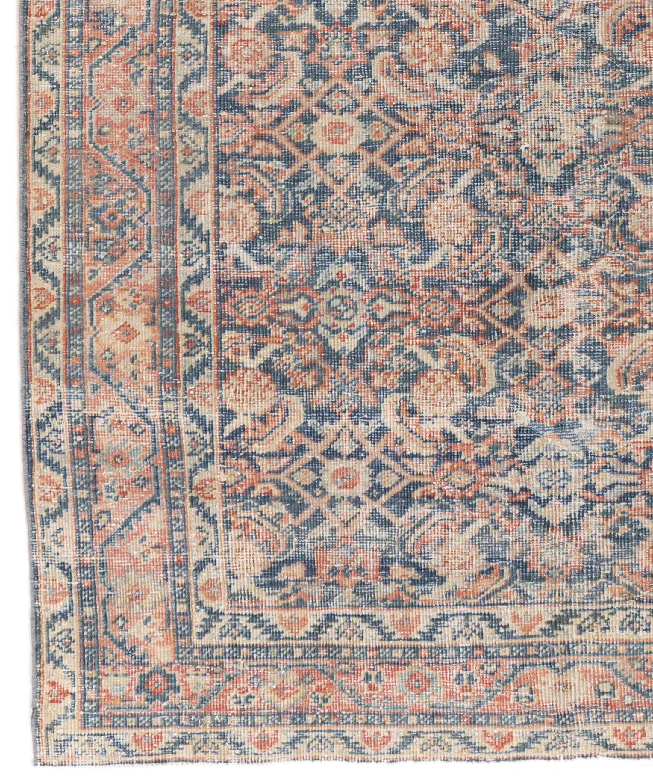 Wool Antique Circa 1920 Blue Persian Mahal Hand Knotted Rug 4' X 6' For Sale