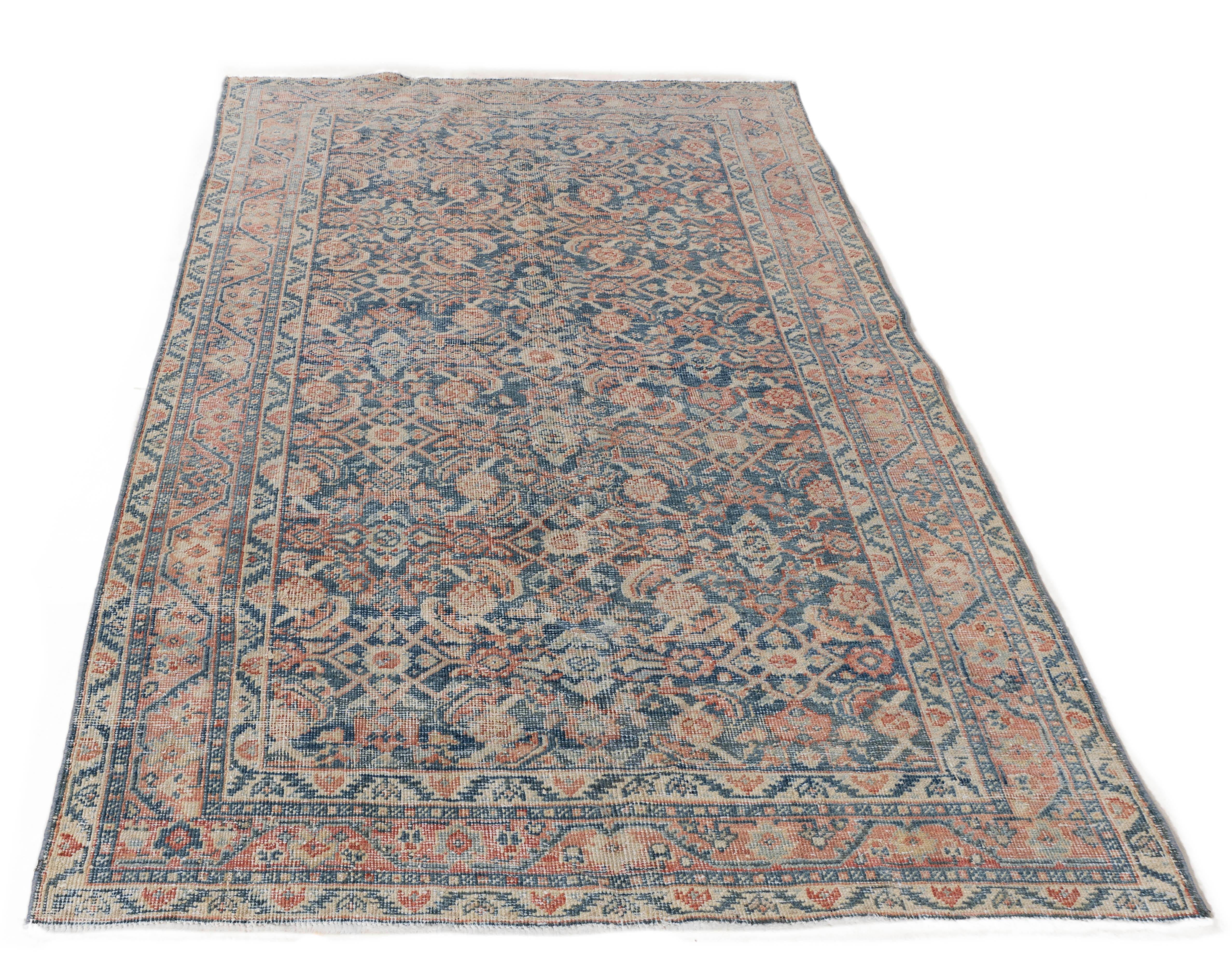 Antique Circa 1920 Blue Persian Mahal Hand Knotted Rug 4' X 6' For Sale 3