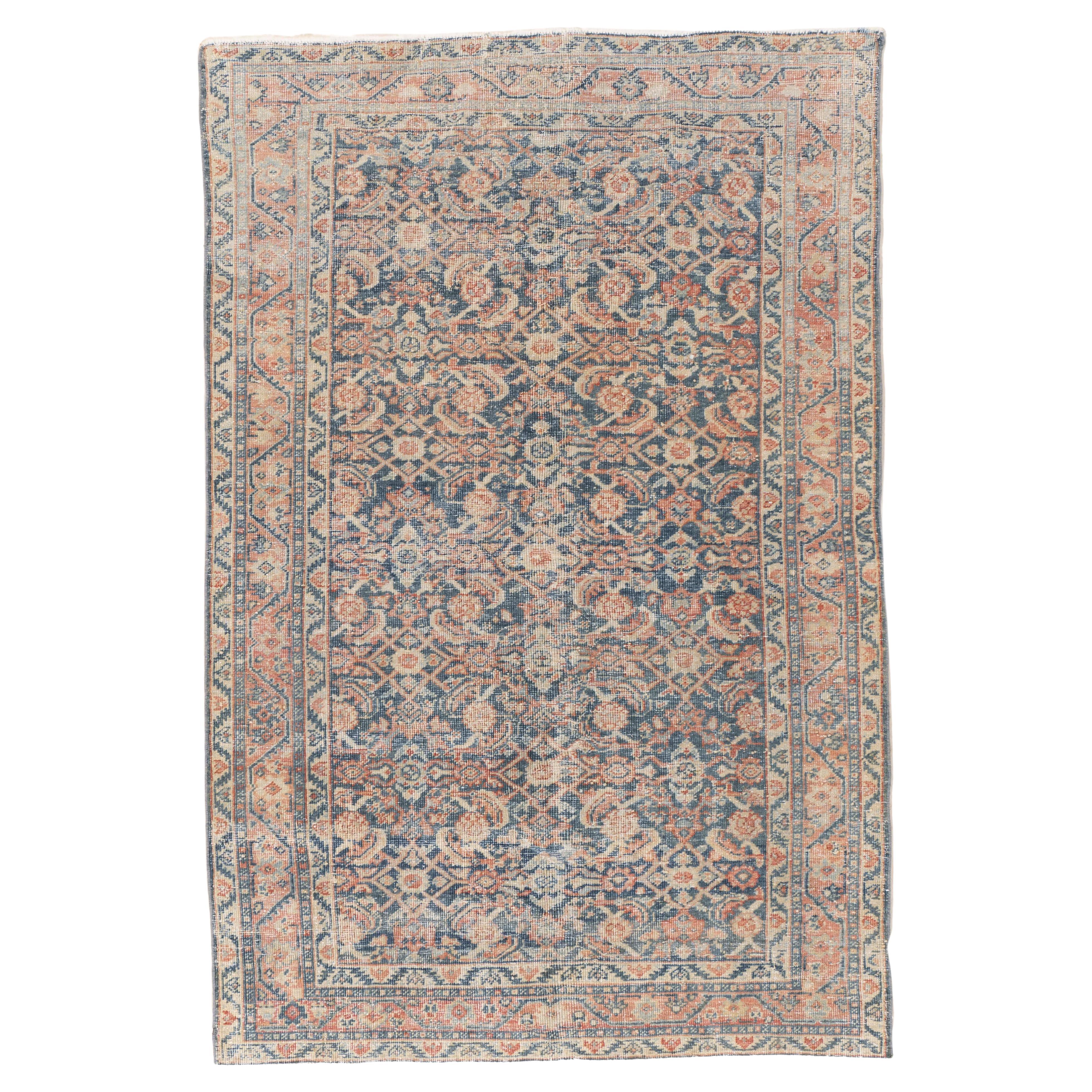Antique Circa 1920 Blue Persian Mahal Hand Knotted Rug 4' X 6' For Sale