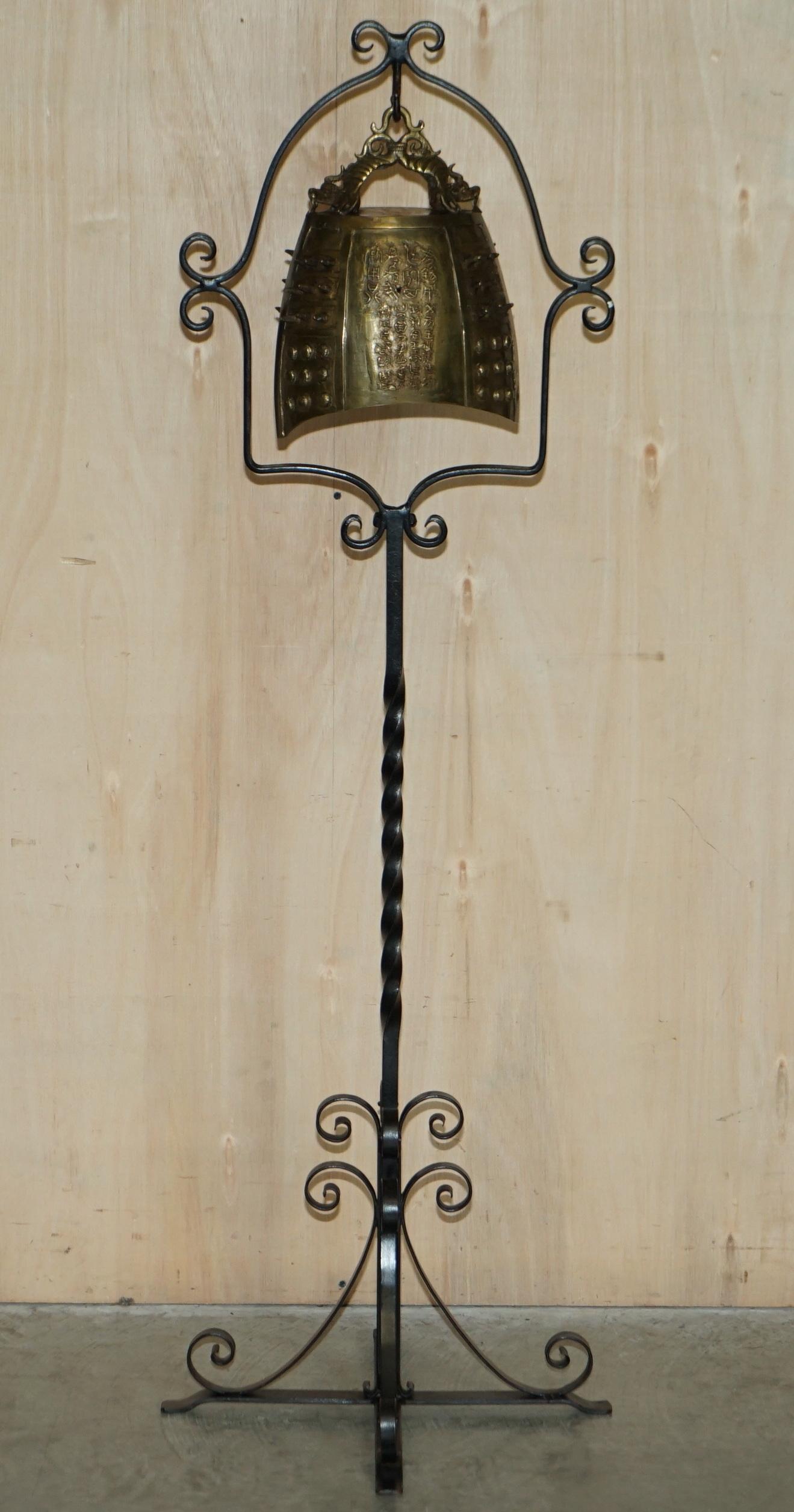 Antique circa 1920 Chinese Export Floor Standing Bell with Wrought Iron Stand For Sale 14