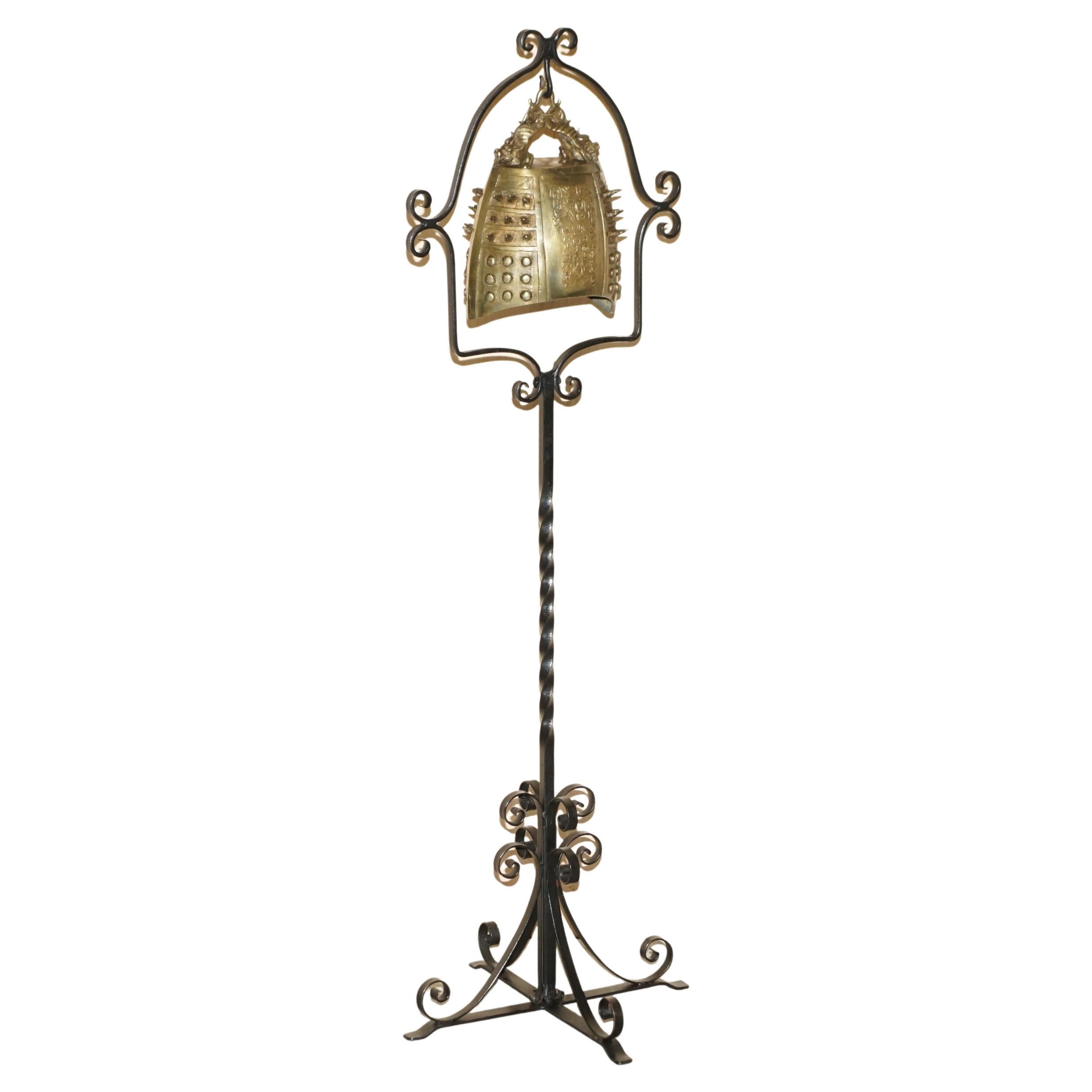 Antique circa 1920 Chinese Export Floor Standing Bell with Wrought Iron Stand For Sale