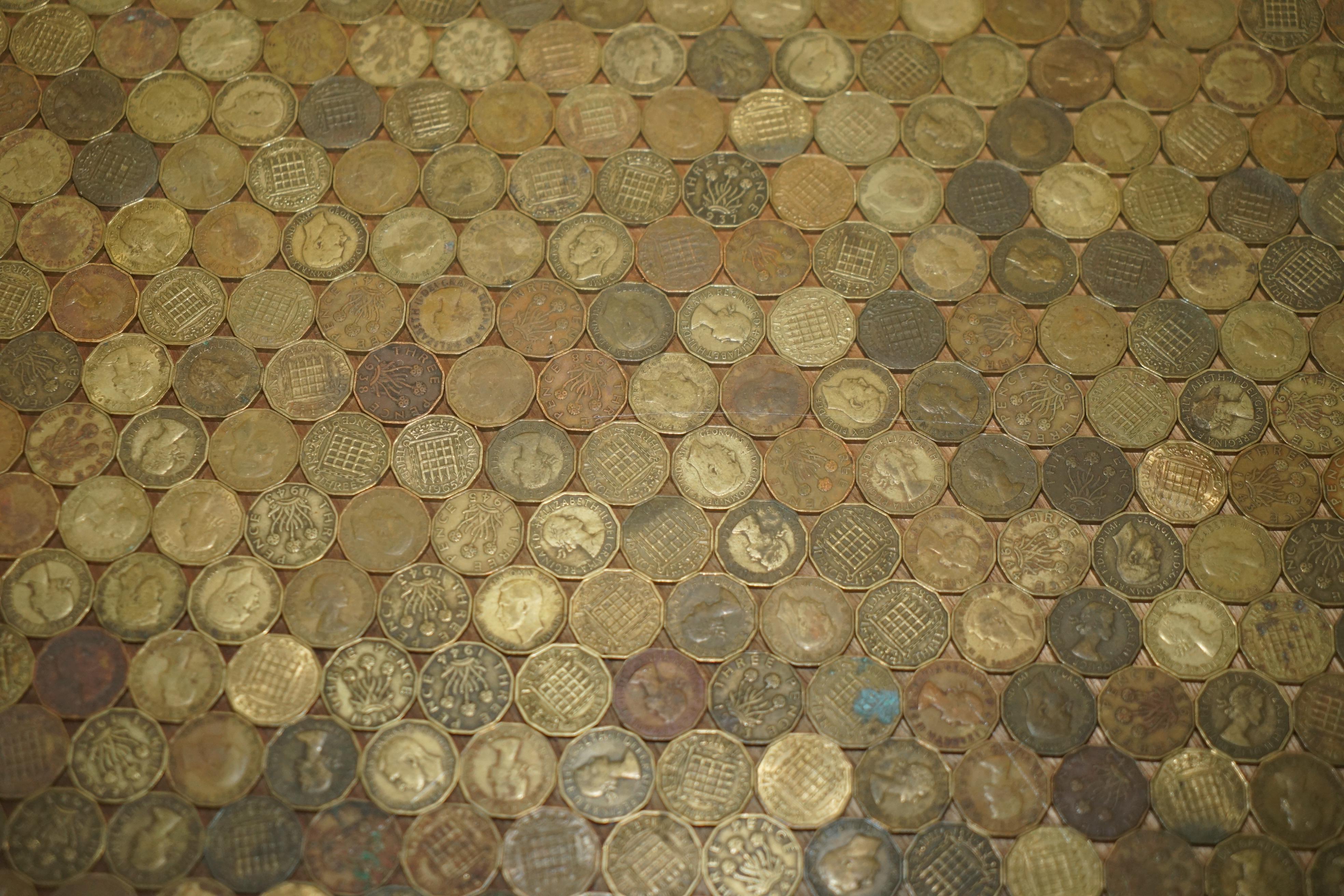 ANTIQUE CIRCA 1920 COFFEE TABLE COVERS IN ENGLISH THREE PENCE COINS FROM 1940's For Sale 3