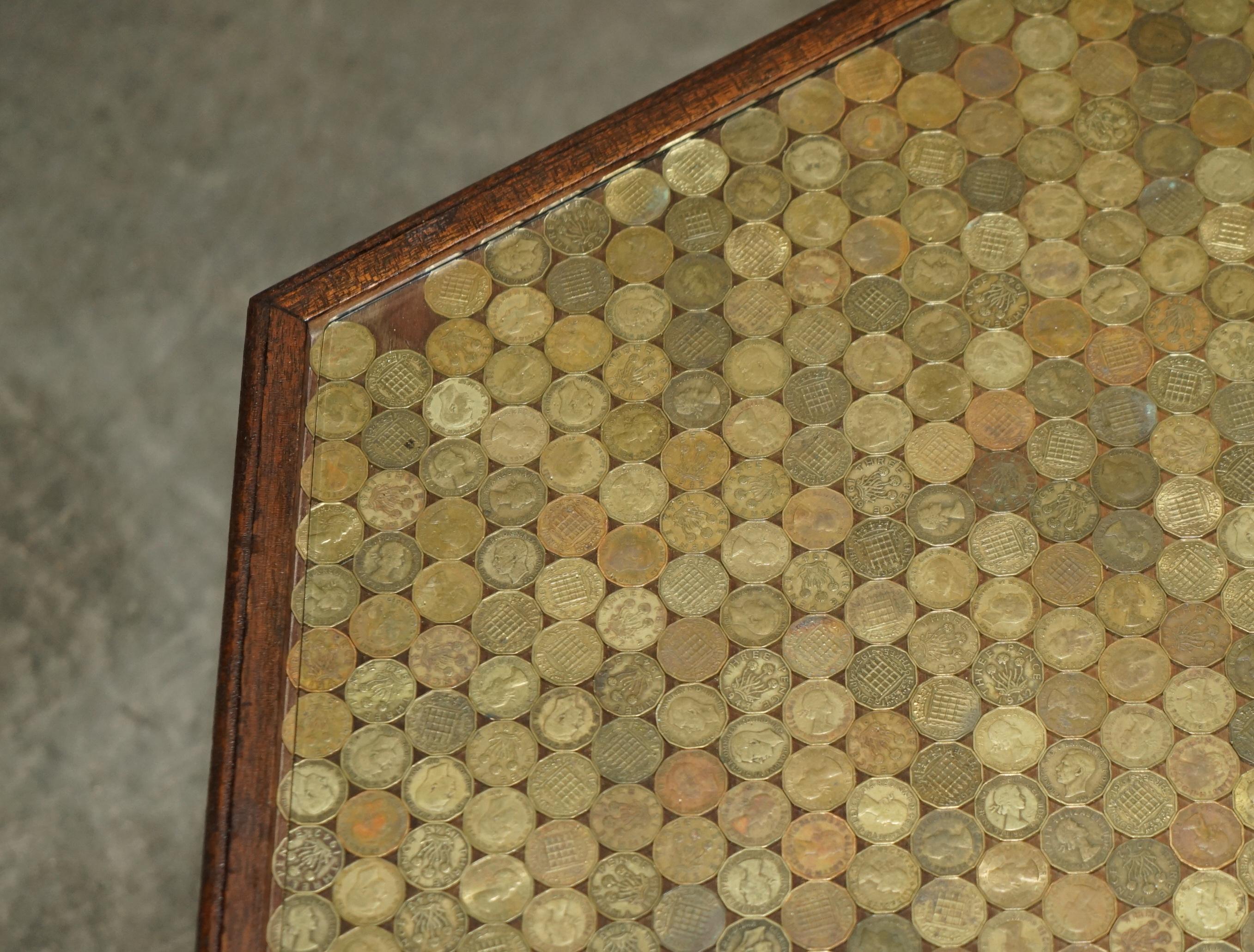 Hand-Crafted ANTIQUE CIRCA 1920 COFFEE TABLE COVERS IN ENGLISH THREE PENCE COINS FROM 1940's For Sale