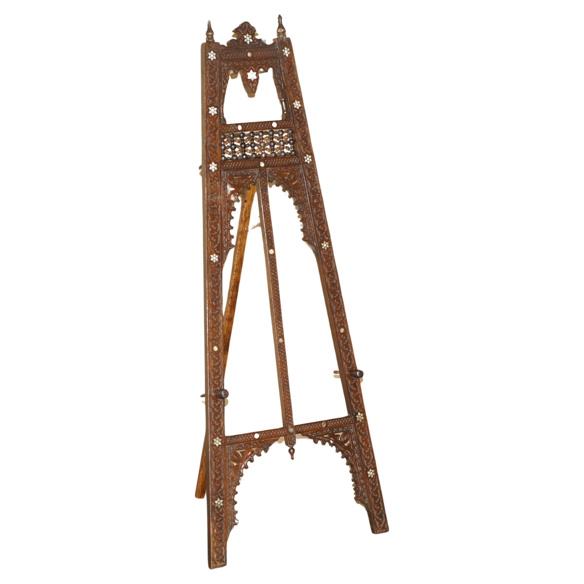 ANTIQUE CiRCA 1920 LIBERTY MOORISH CARVED MOTHER OF PEARL INLAID ARTIST EASEL For Sale