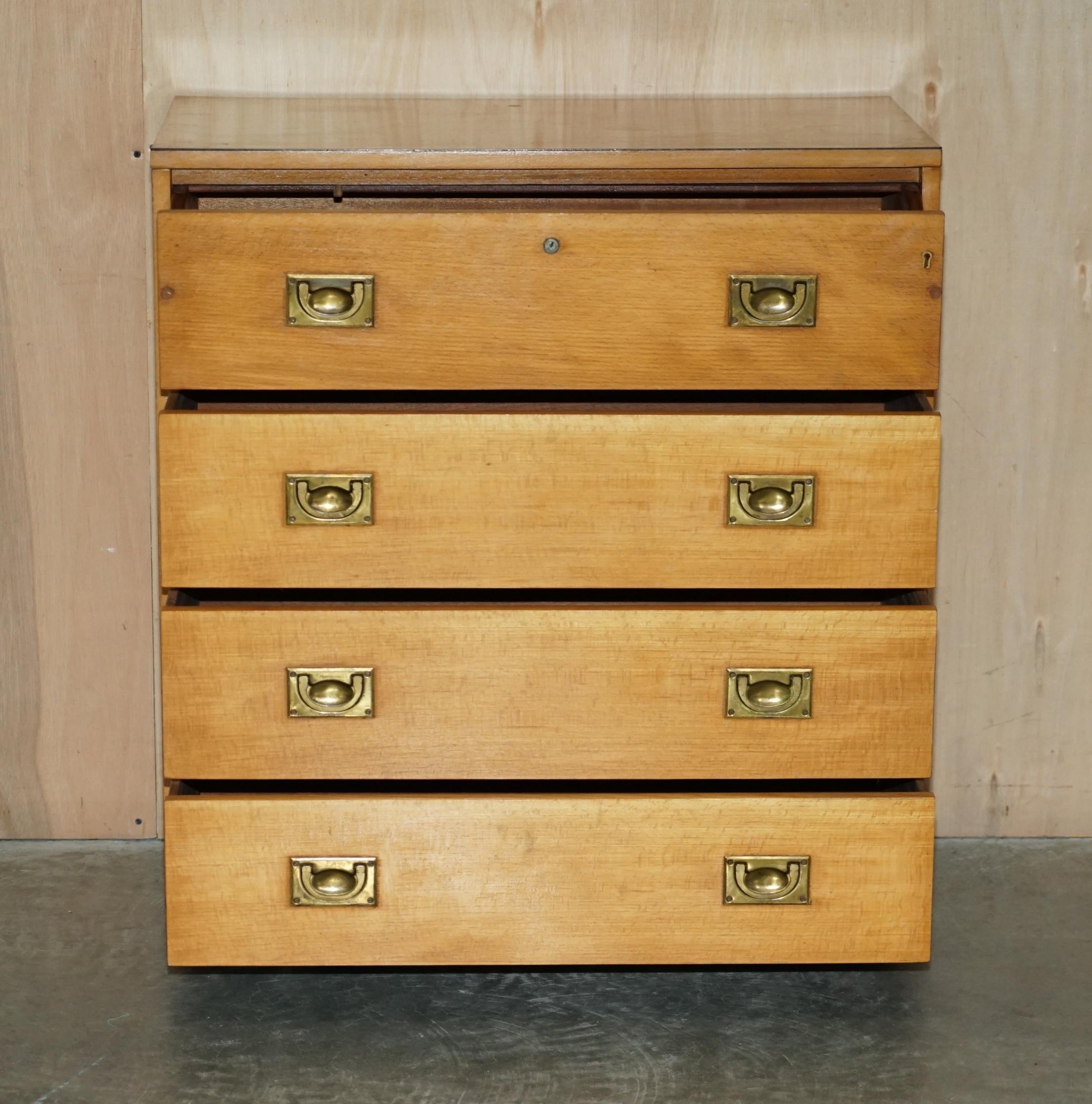 Antique circa 1920 Light Oak Military Campaign Chest of Drawers with Drop Front For Sale 10
