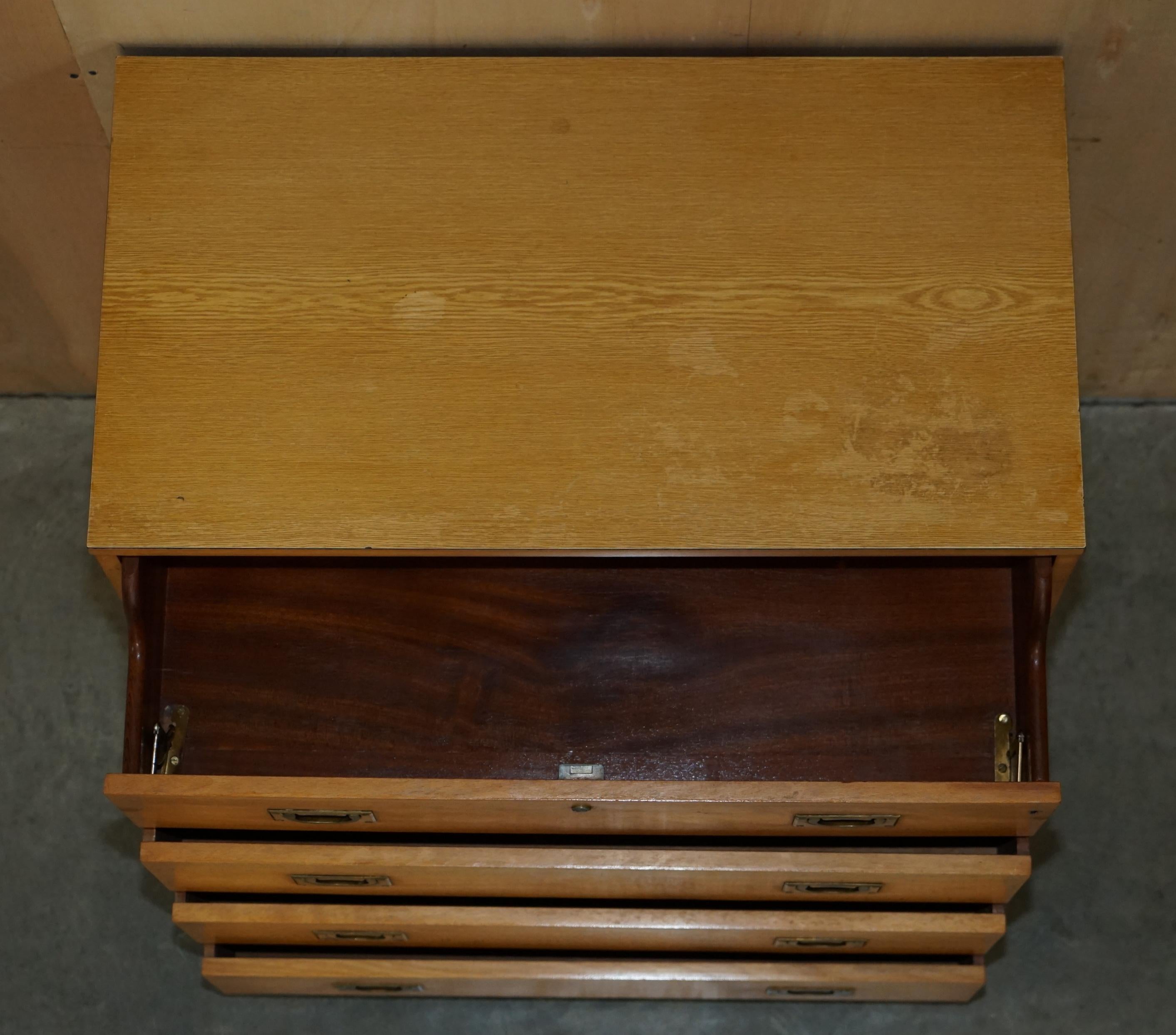 Antique circa 1920 Light Oak Military Campaign Chest of Drawers with Drop Front For Sale 11