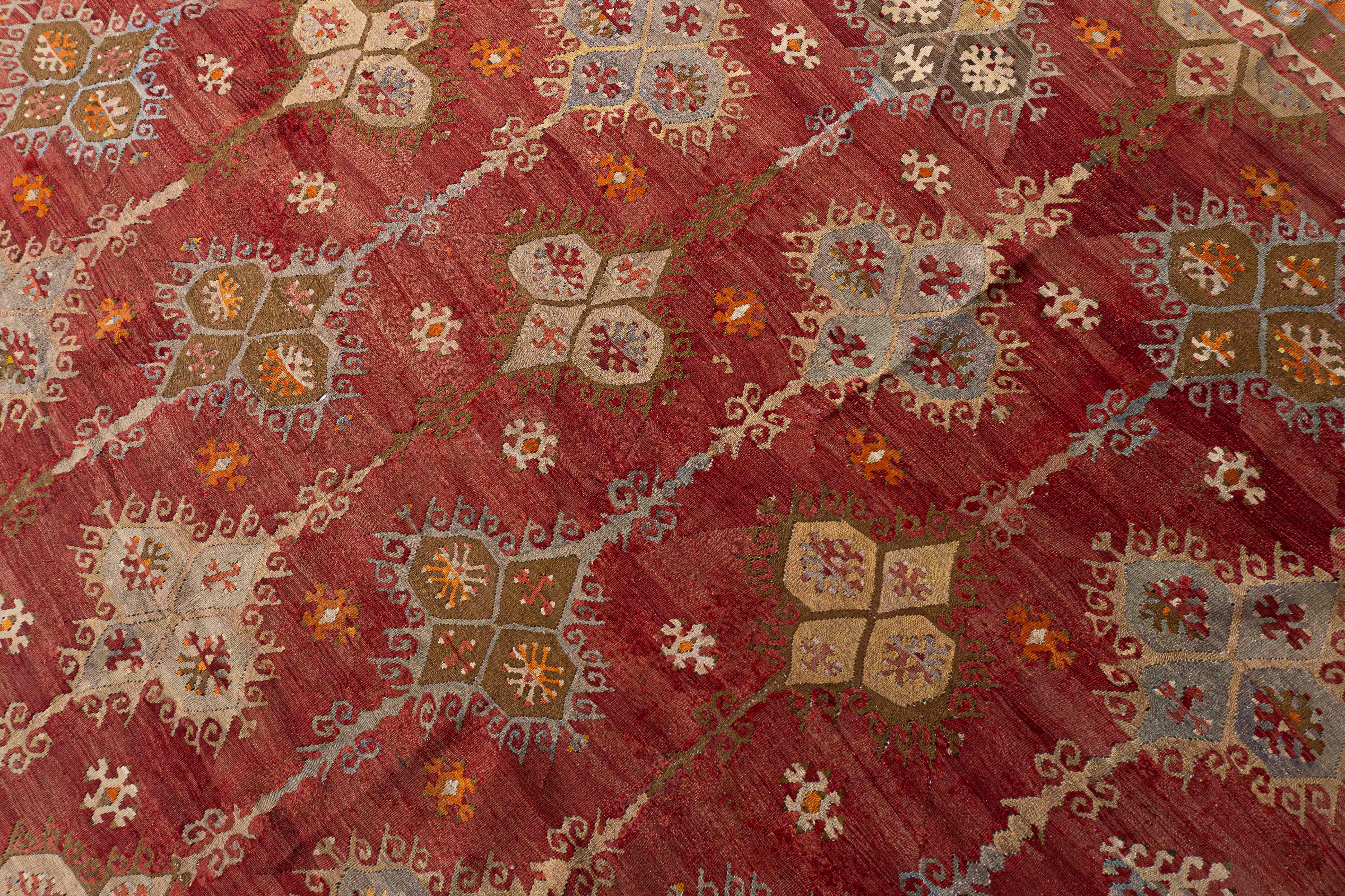 Antique Circa 1920 Orange Turkish Kilim Flatweave Rug For Sale 6