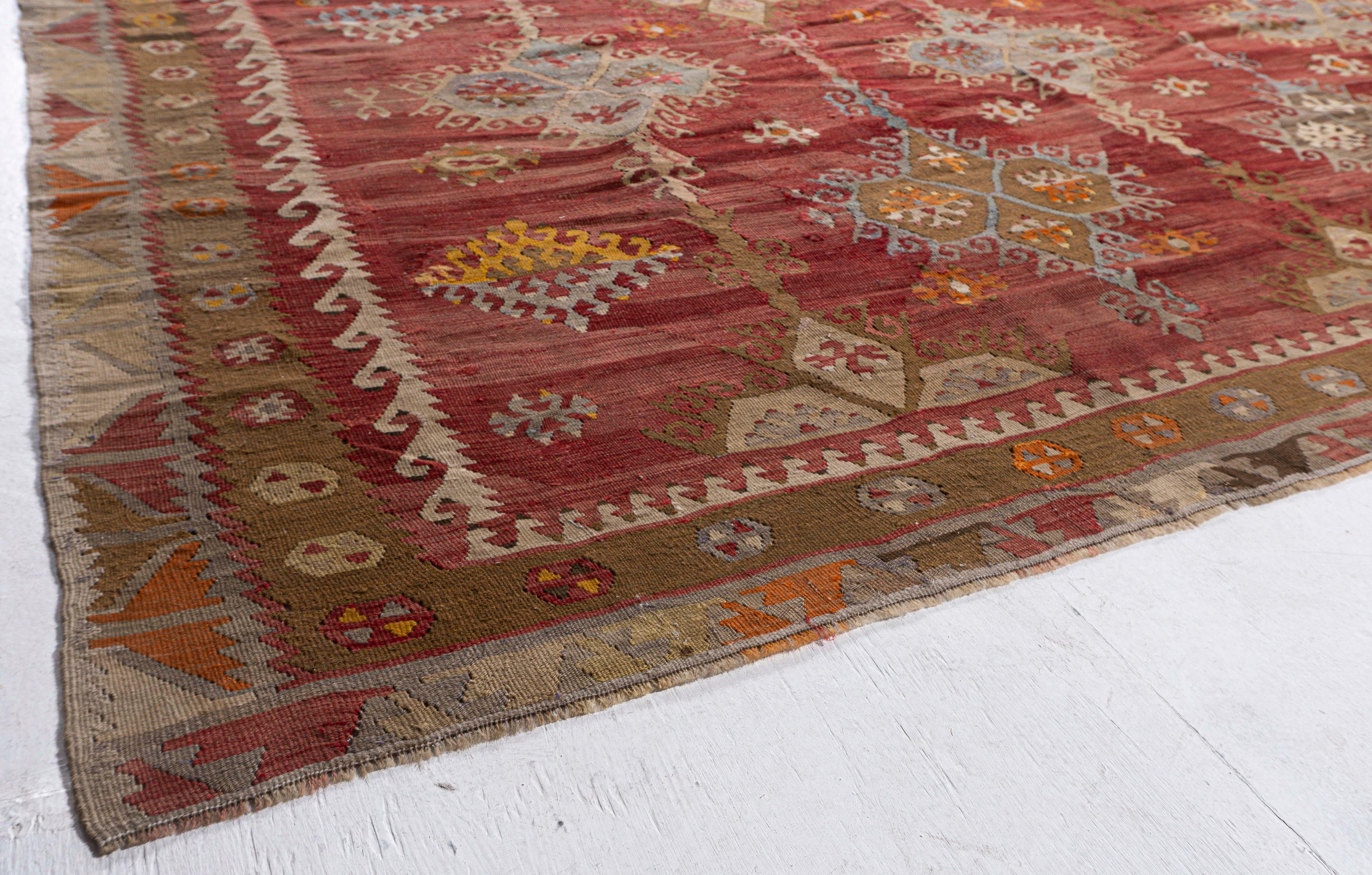 Hand-Woven Antique Circa 1920 Orange Turkish Kilim Flatweave Rug For Sale