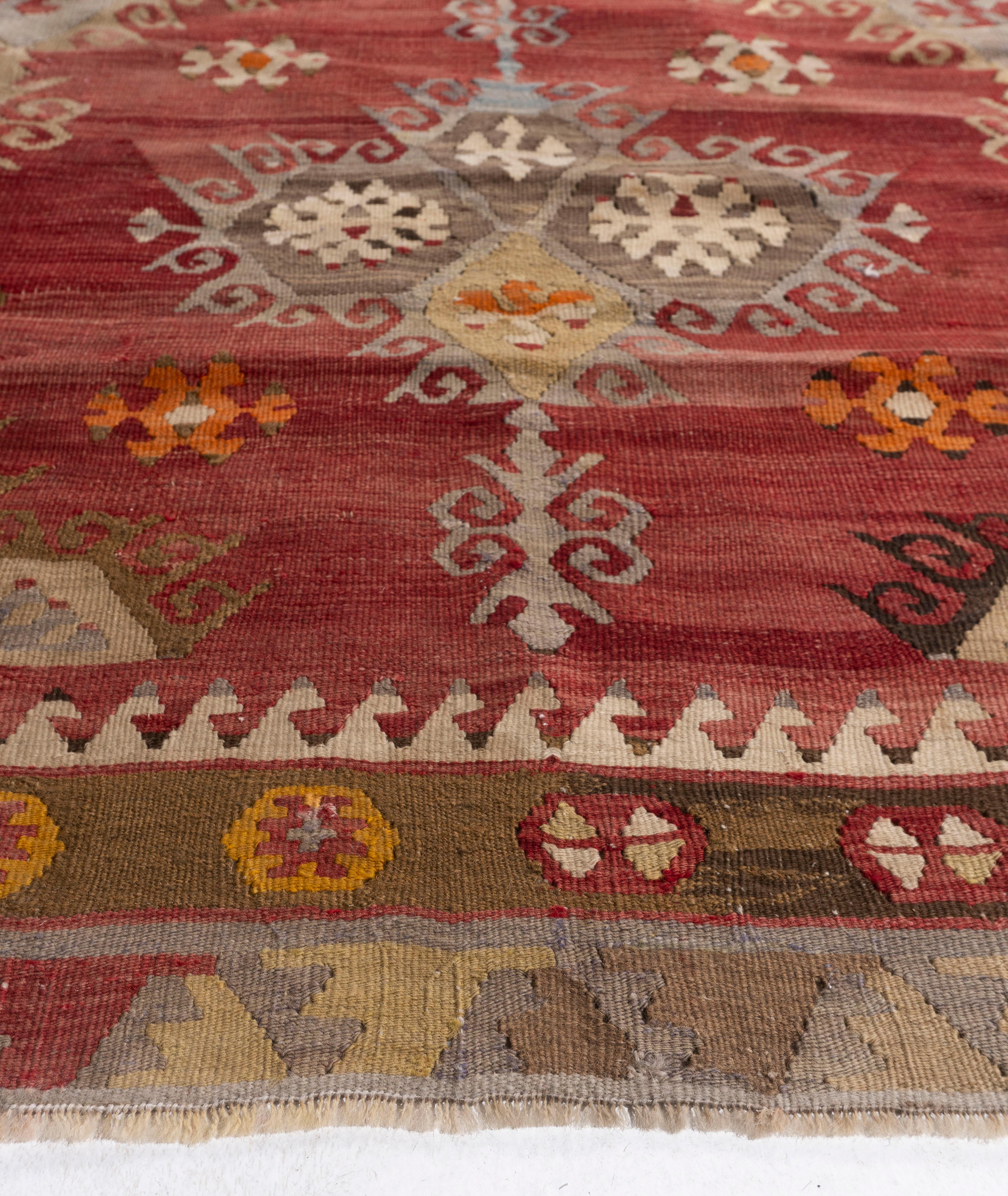 Antique Circa 1920 Orange Turkish Kilim Flatweave Rug In Good Condition For Sale In New York, NY