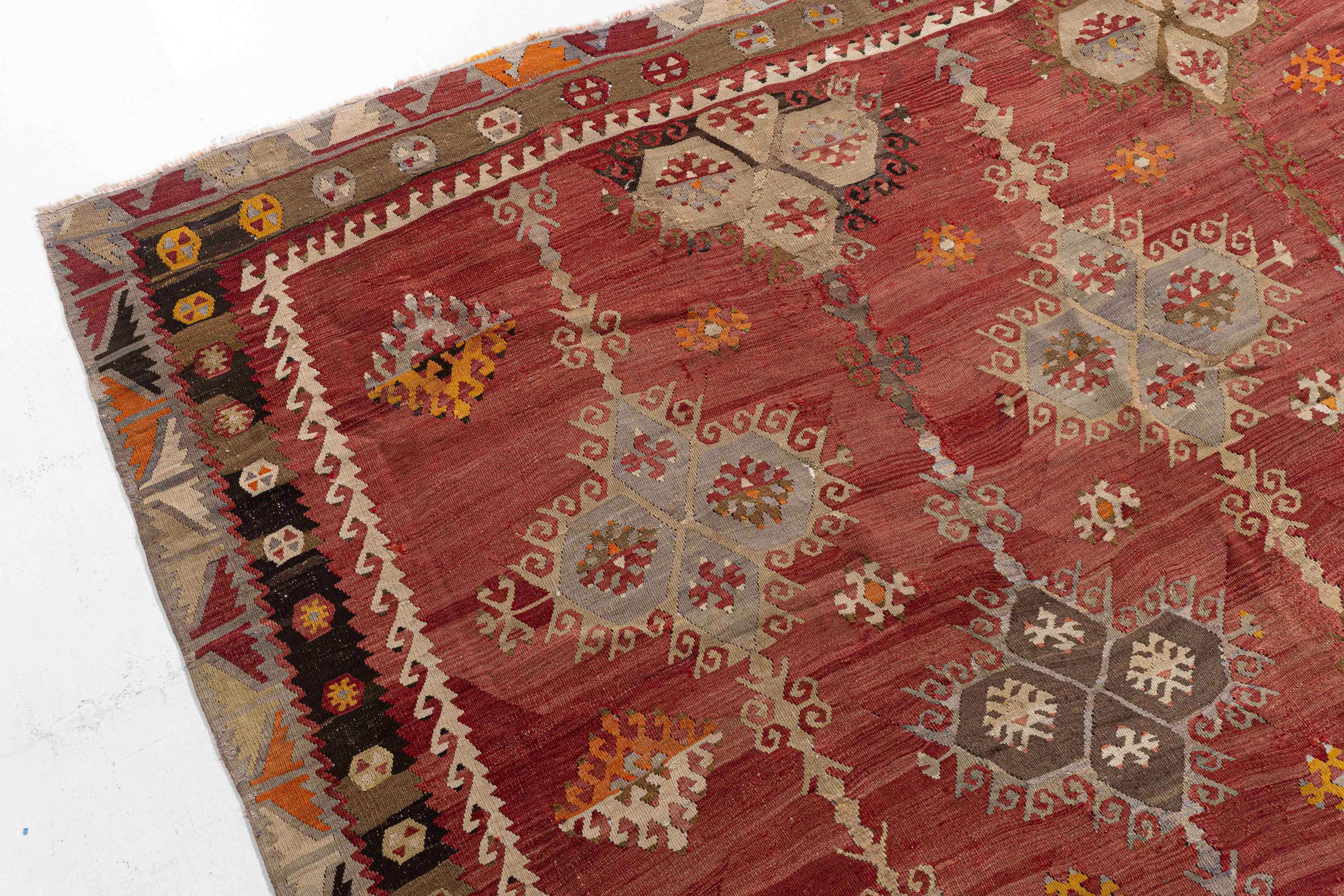 Antique Circa 1920 Orange Turkish Kilim Flatweave Rug For Sale 2